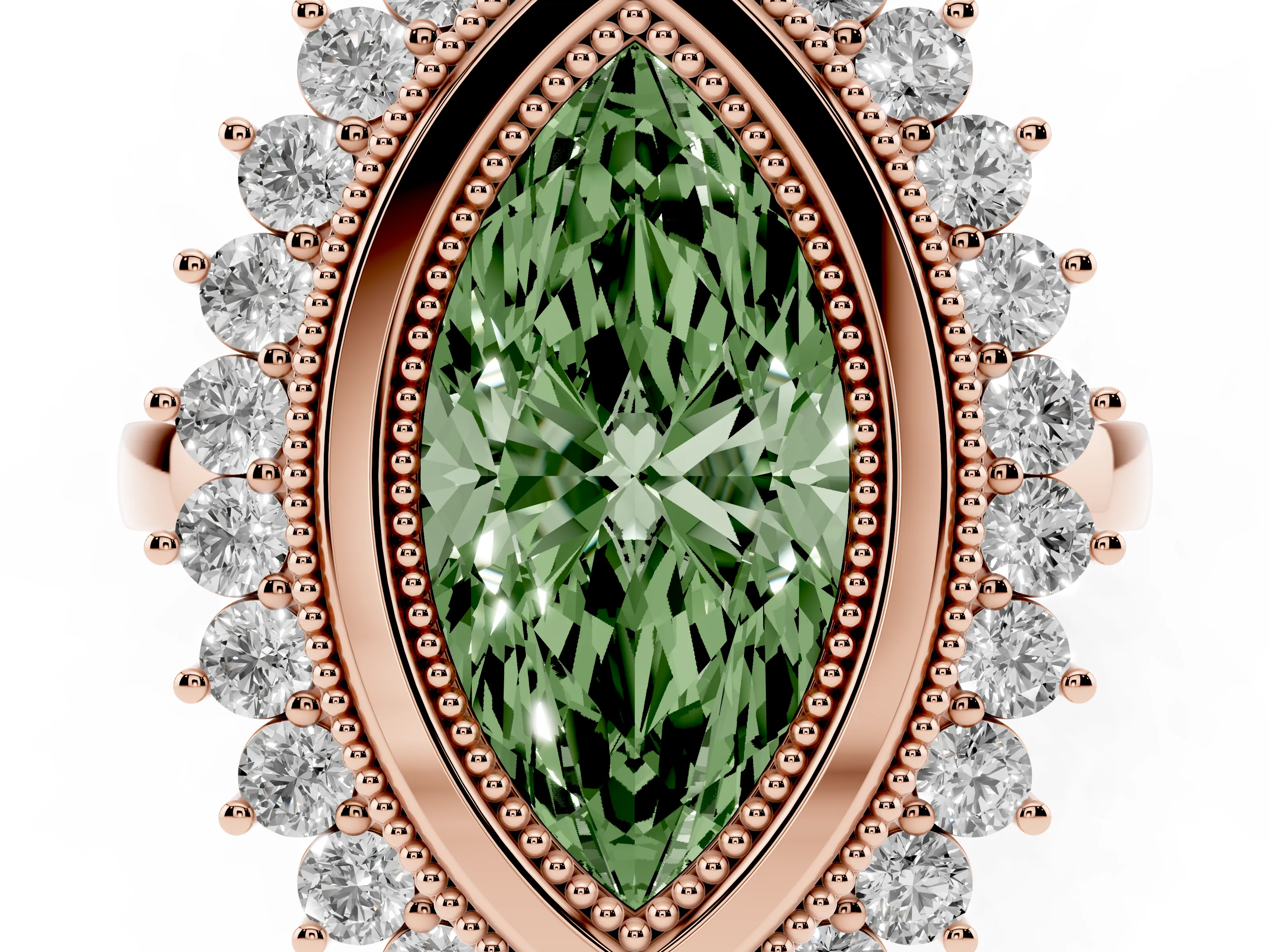 Fancy Green Marquise Cut Diamond Halo Ring Set in Rose gold with Milgrain Edge and Round Prong Setting
