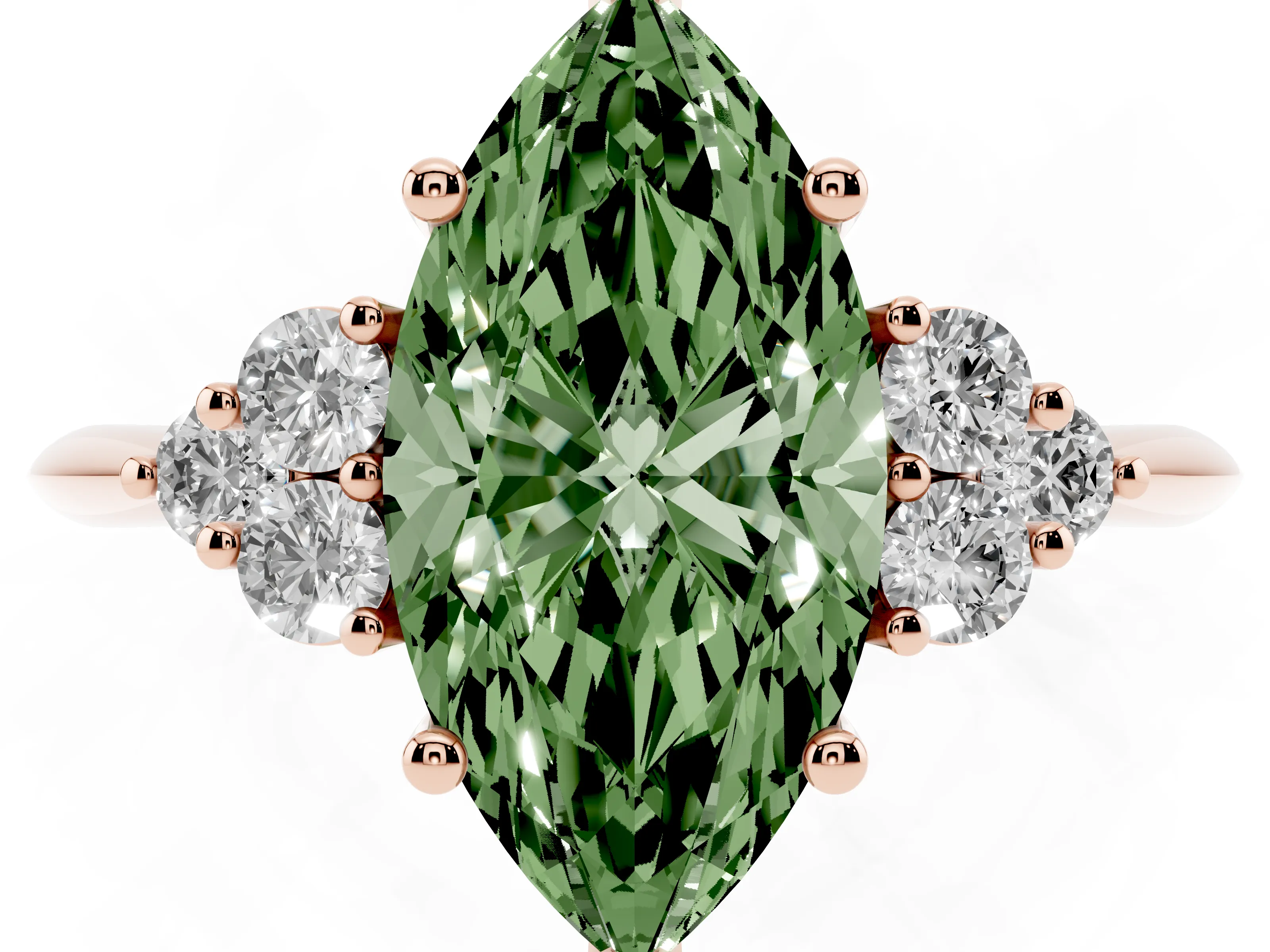 Fancy Green Marquise Cut Diamond Cluster Ring Set in Rose gold with Plain Band and Prong Setting