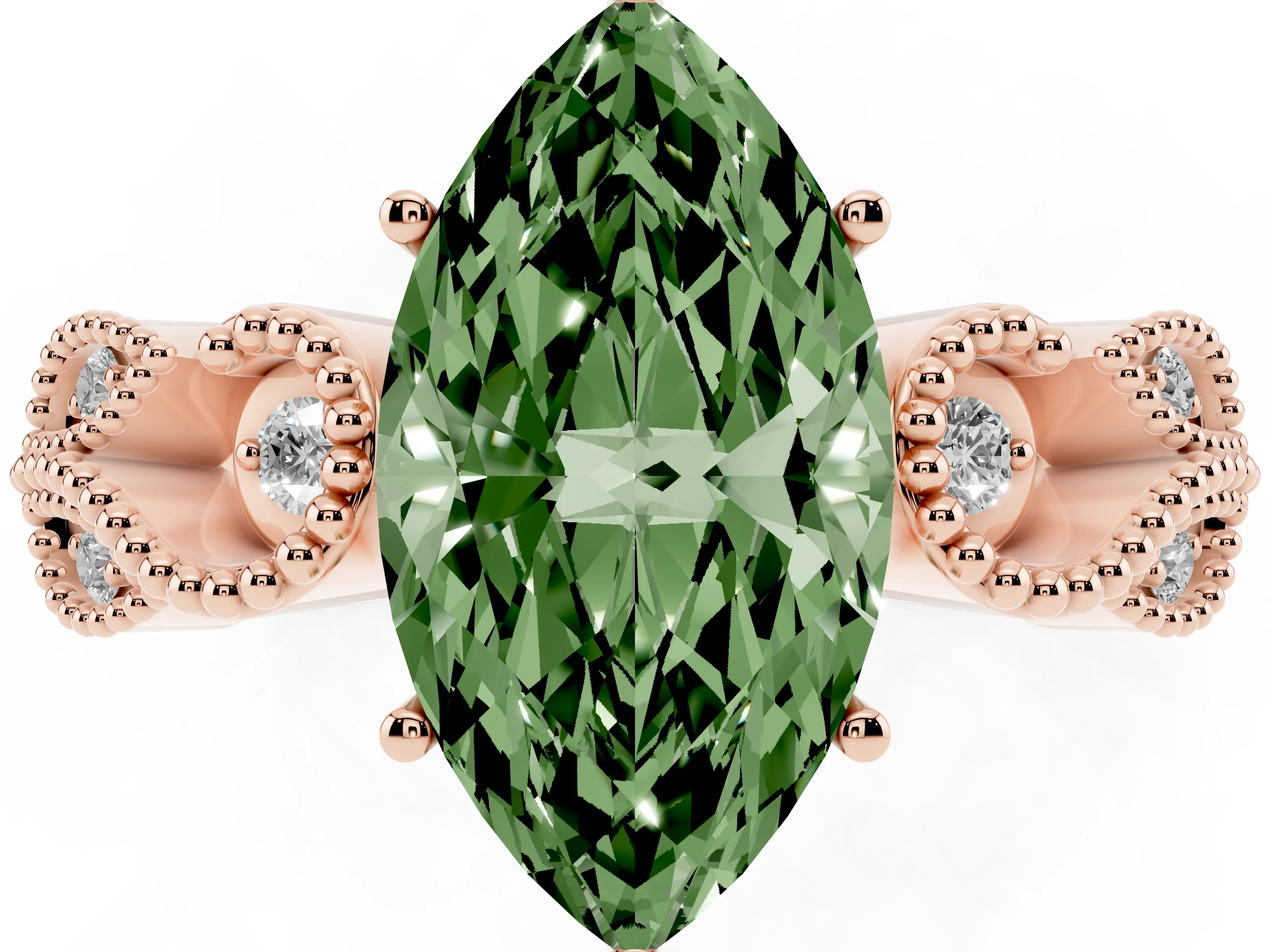 Fancy Green Marquise Cut Diamond Milgrain Leaf Band Solitaire Ring Set in Rose gold with Accent Stones and Prong Setting