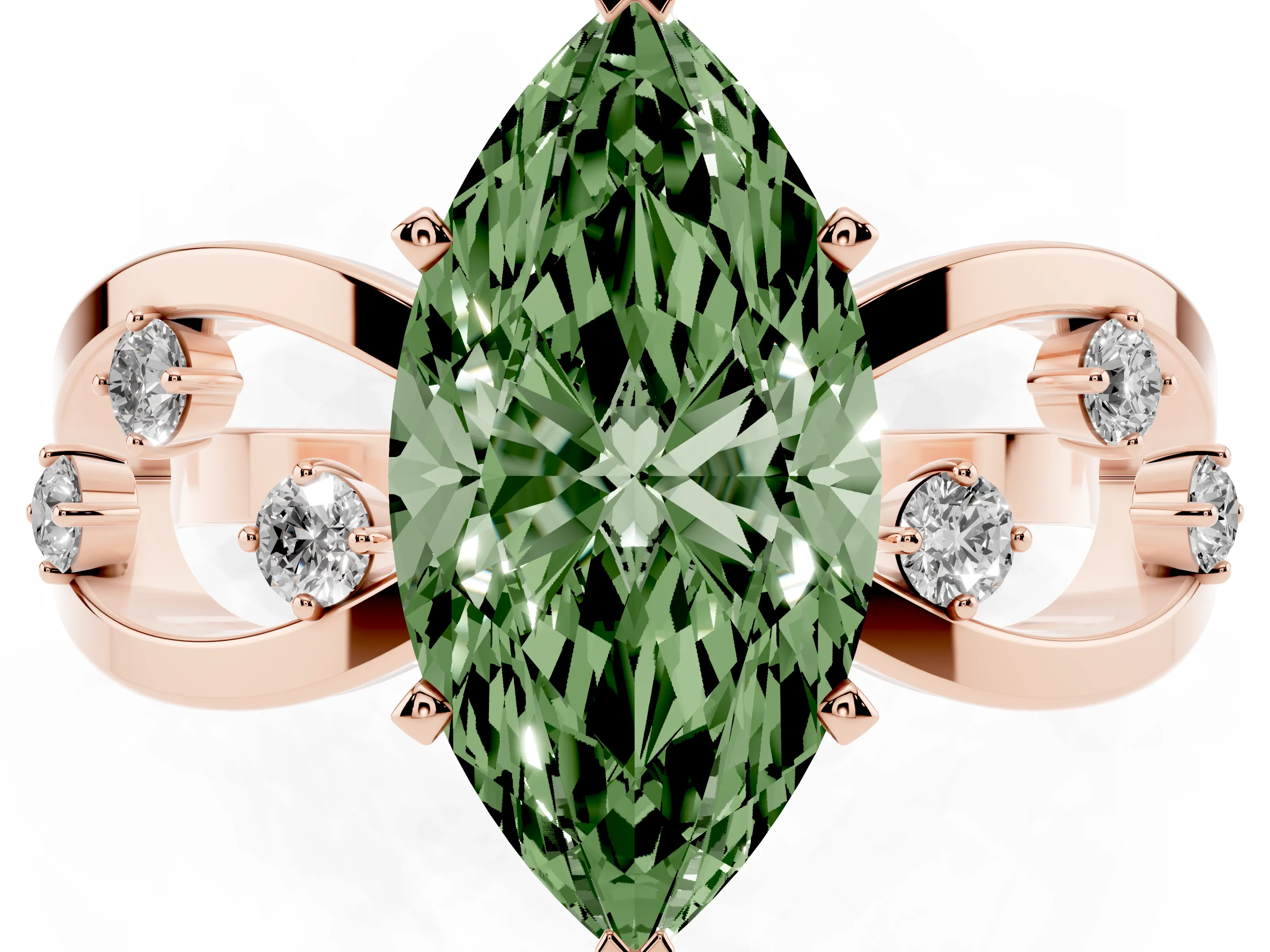 Fancy Green Marquise Cut Diamond Solitaire Ring Set in Rose gold with Side Stones on Criss-Cross Band and Prong Setting