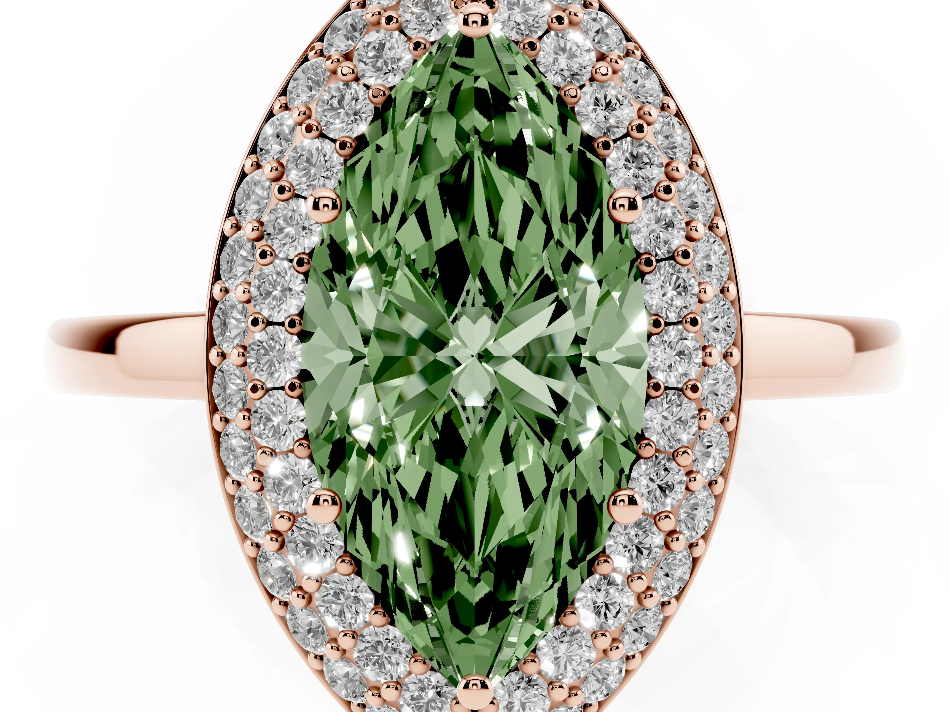 Fancy Green Marquise Cut Diamond Halo Engagement Ring Set in Rose gold with Solitaire Band and Prong Setting
