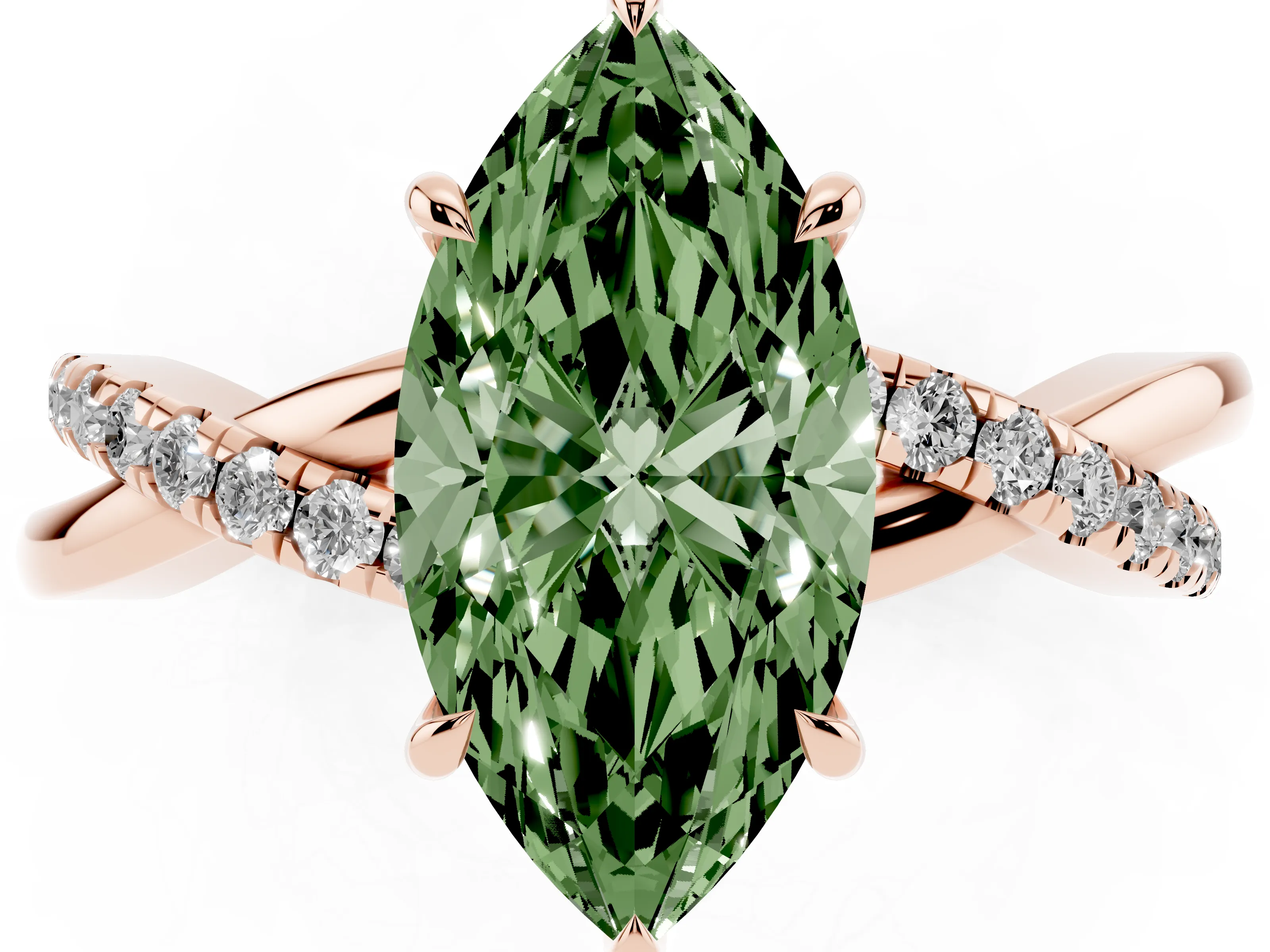 Fancy Green Marquise Cut Diamond Twisted Pavé Band Ring Set in Rose gold with Prong Setting