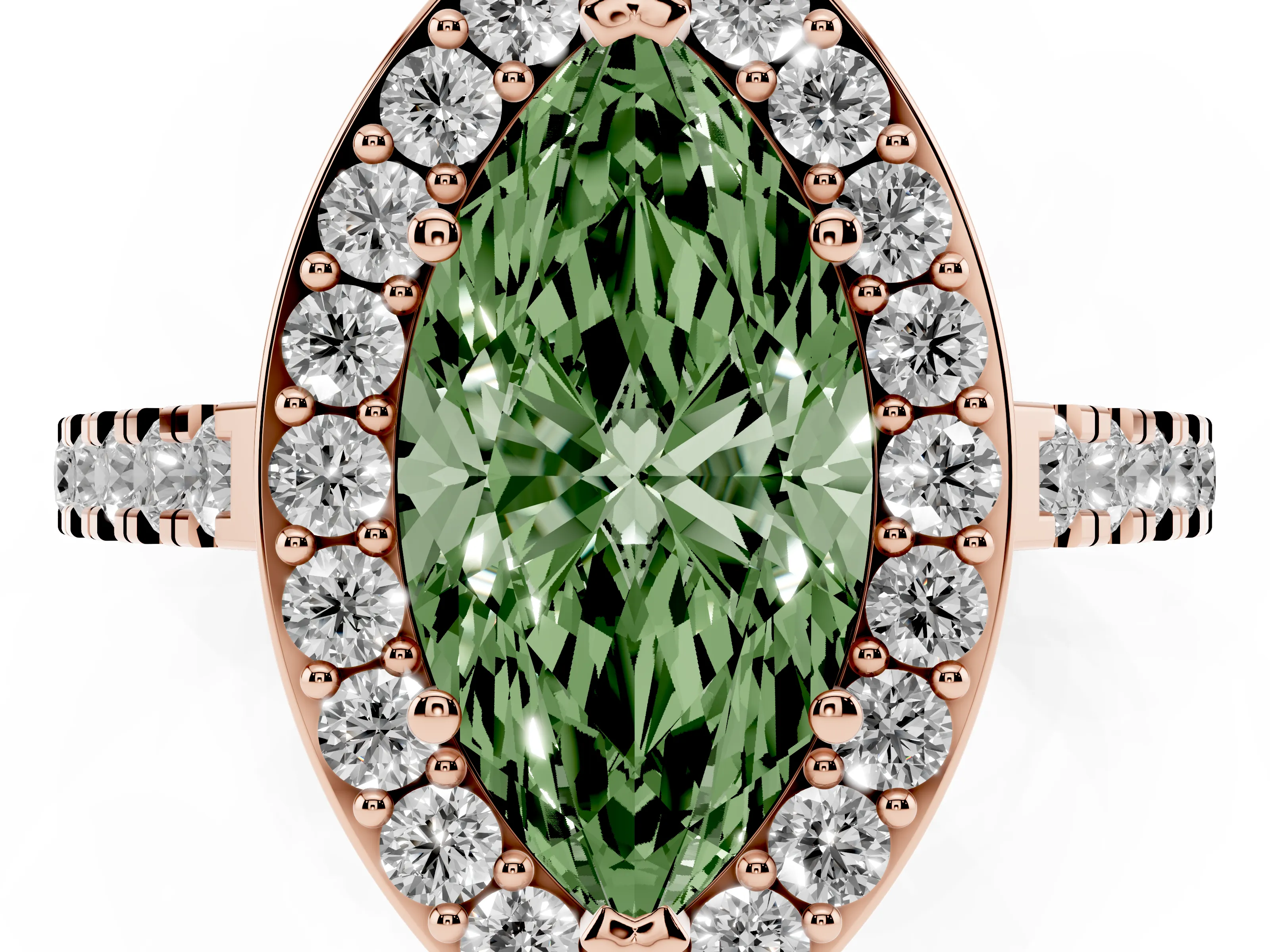 Fancy Green Marquise Cut Diamond Halo Ring Set in Rose gold with Round Pavé Split Shank and Prong Setting
