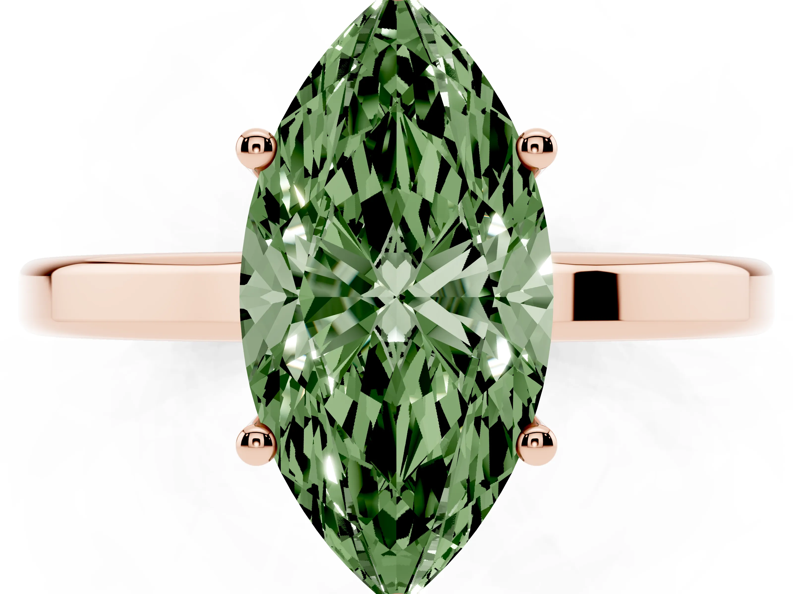 Fancy Green Marquise Cut Diamond Solitaire Engagement Ring Set in Rose gold with Prong Setting on a Plain Band