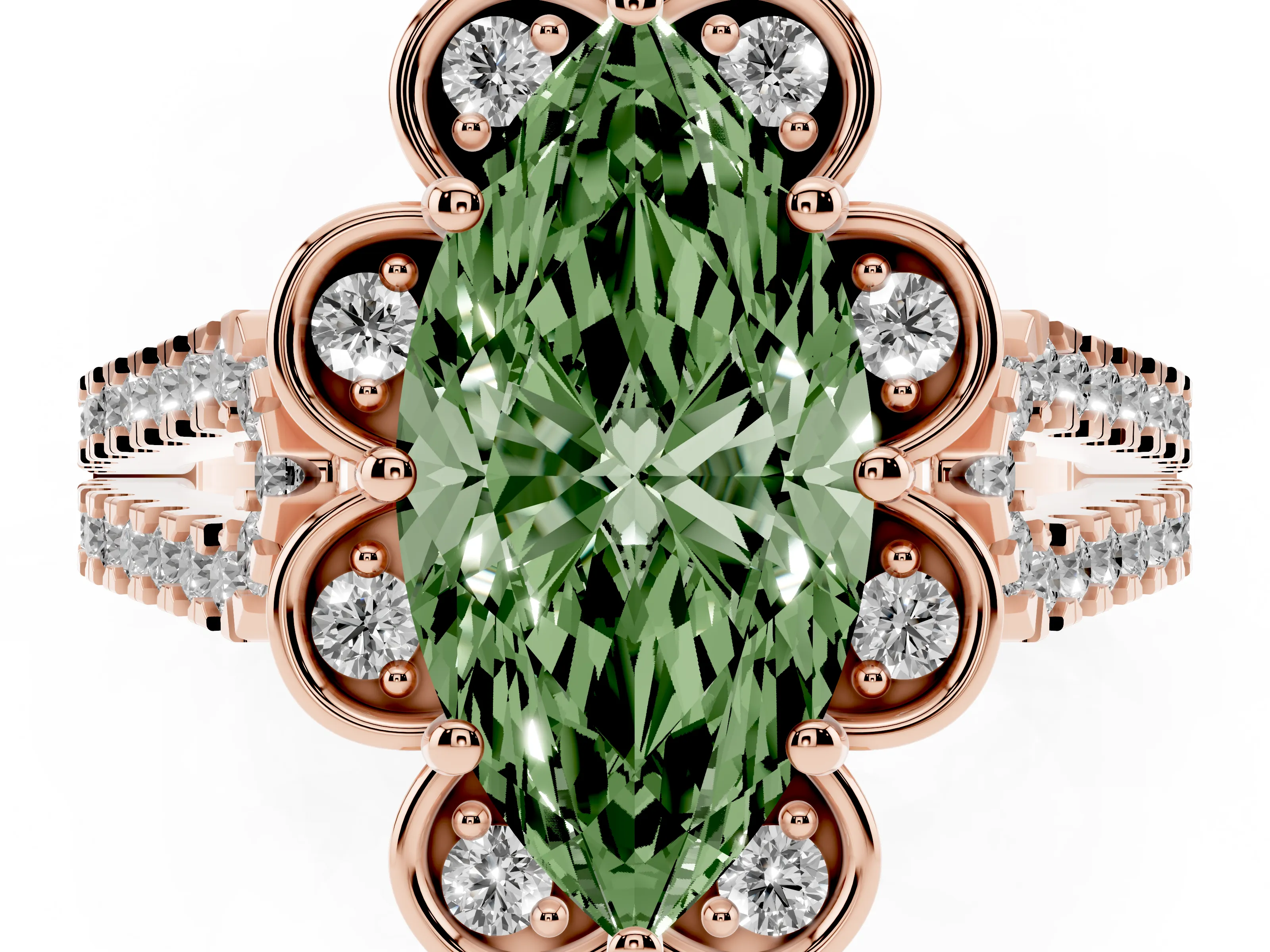 Fancy Green Marquise Cut Diamond Floral Halo Split Shank Engagement Ring Set in Rose gold with Pavé Shank
