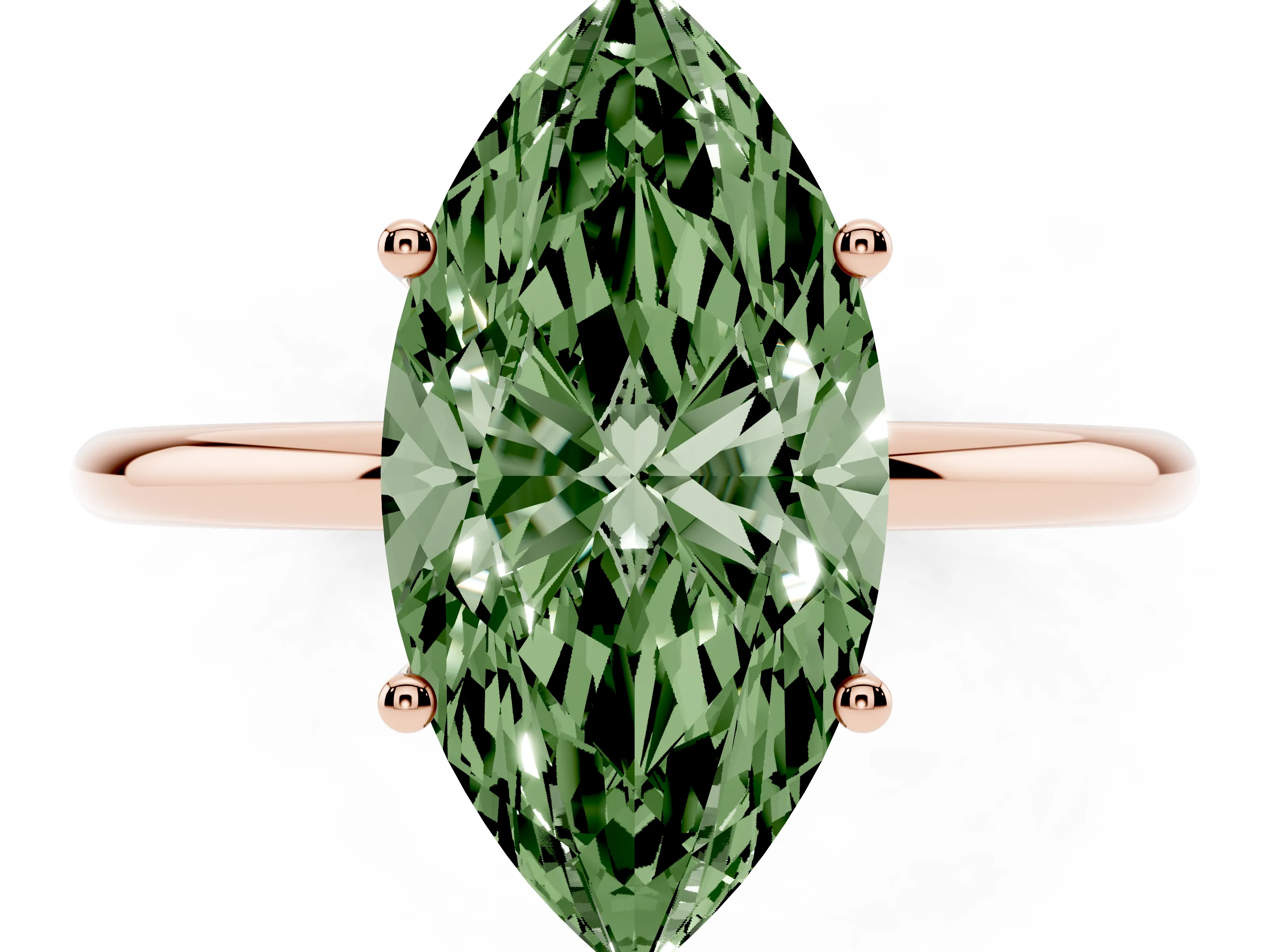 Fancy Green Marquise Cut Diamond Solitaire Engagement Ring Set in Rose gold with Thin Band and Prong Setting