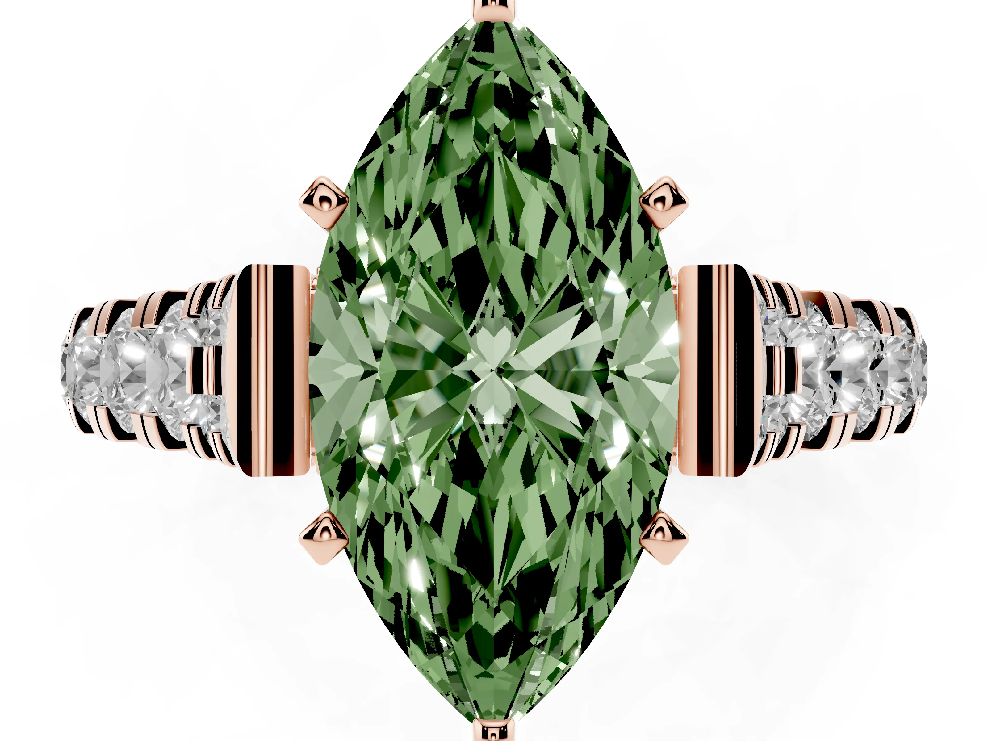 Fancy Green Marquise Cut Diamond Classic Solitaire Ring Set in Rose gold with Pavé Band and Prong Setting