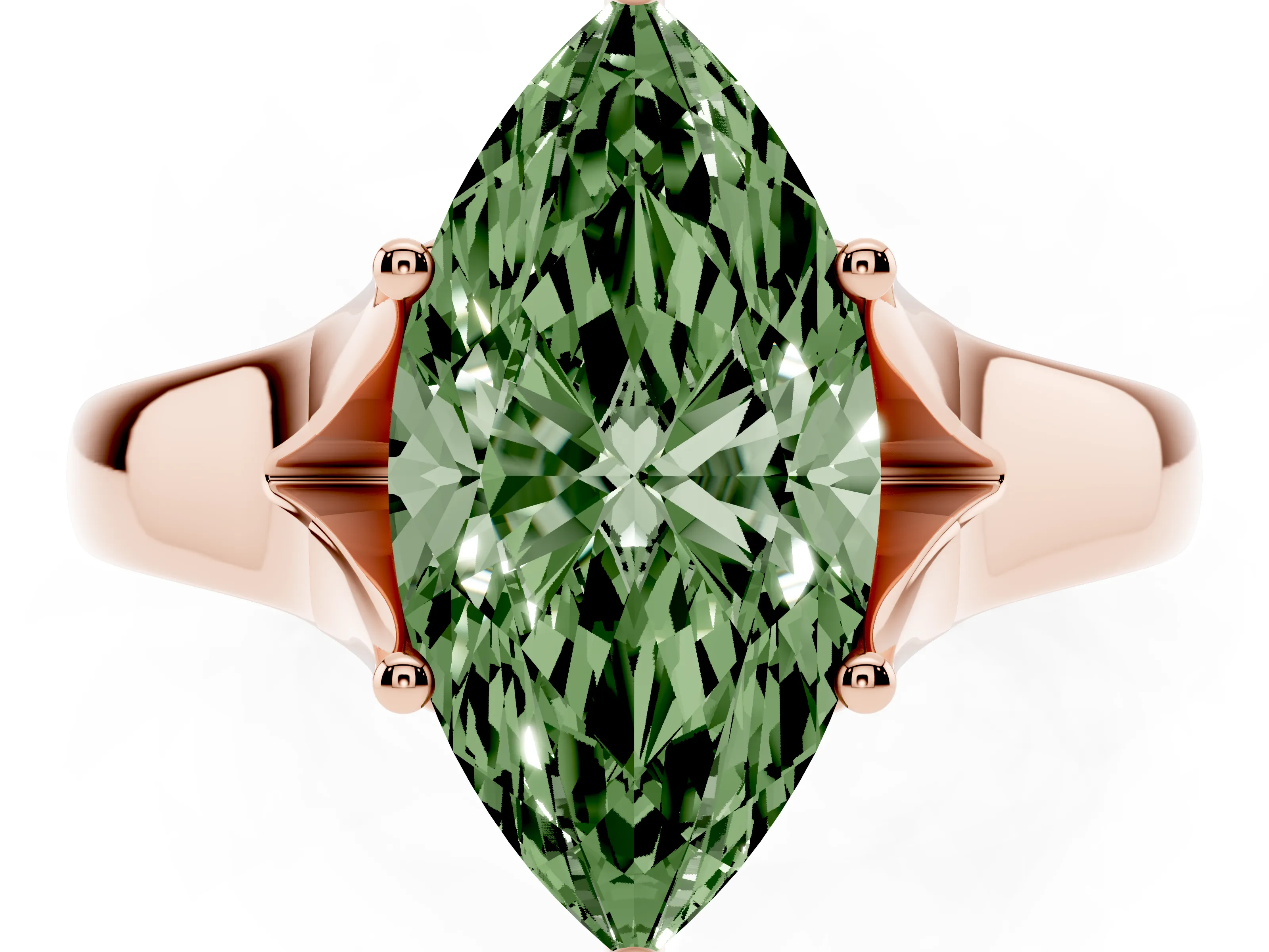 Fancy Green Marquise Cut Diamond Solitaire Ring Set in Rose gold with Arched Cathedral Band and Prong Setting
