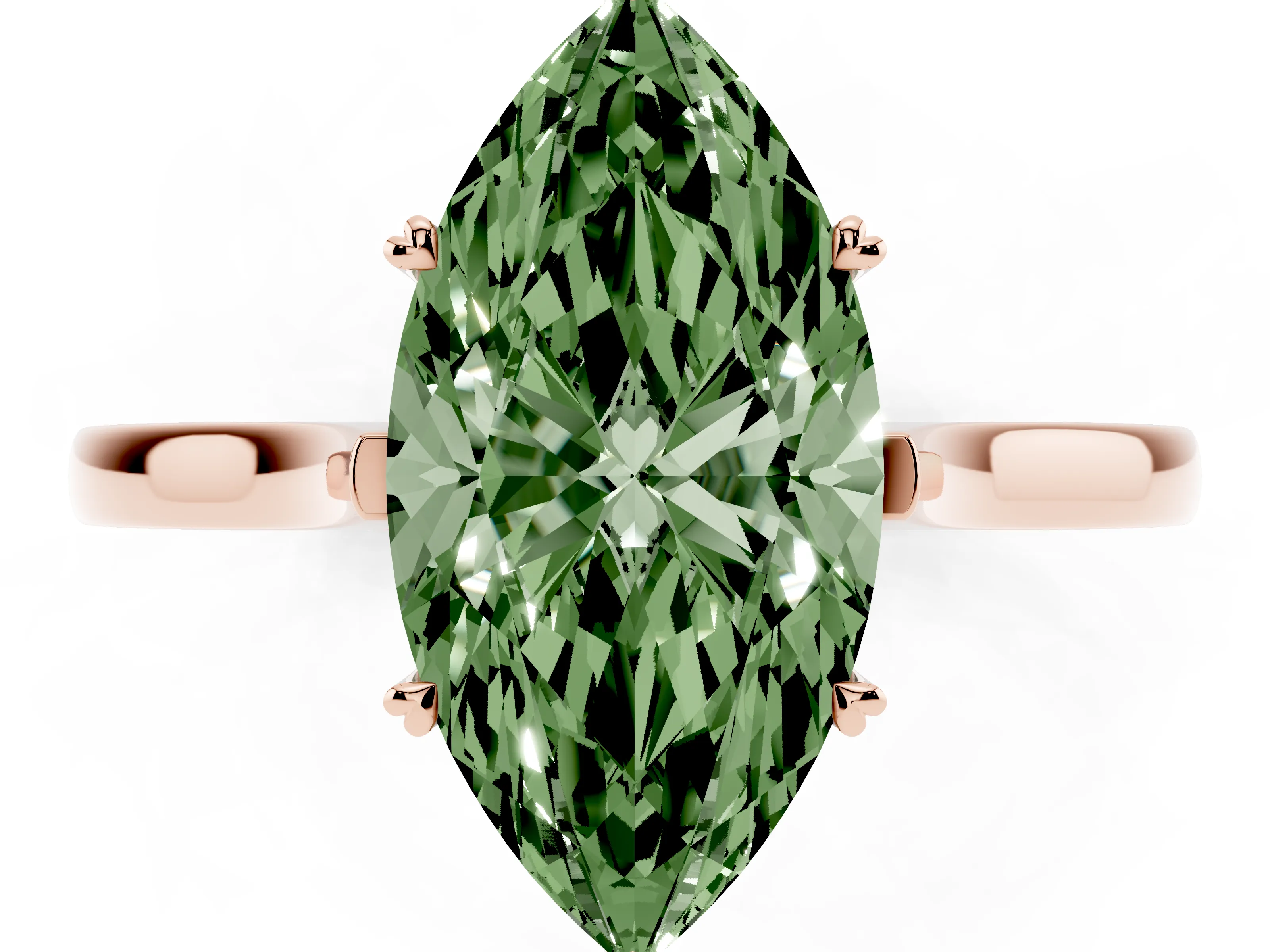 Fancy Green Marquise Cut Diamond Solitaire Heart Prong Engagement Ring Set in Rose gold with Tapered Band
