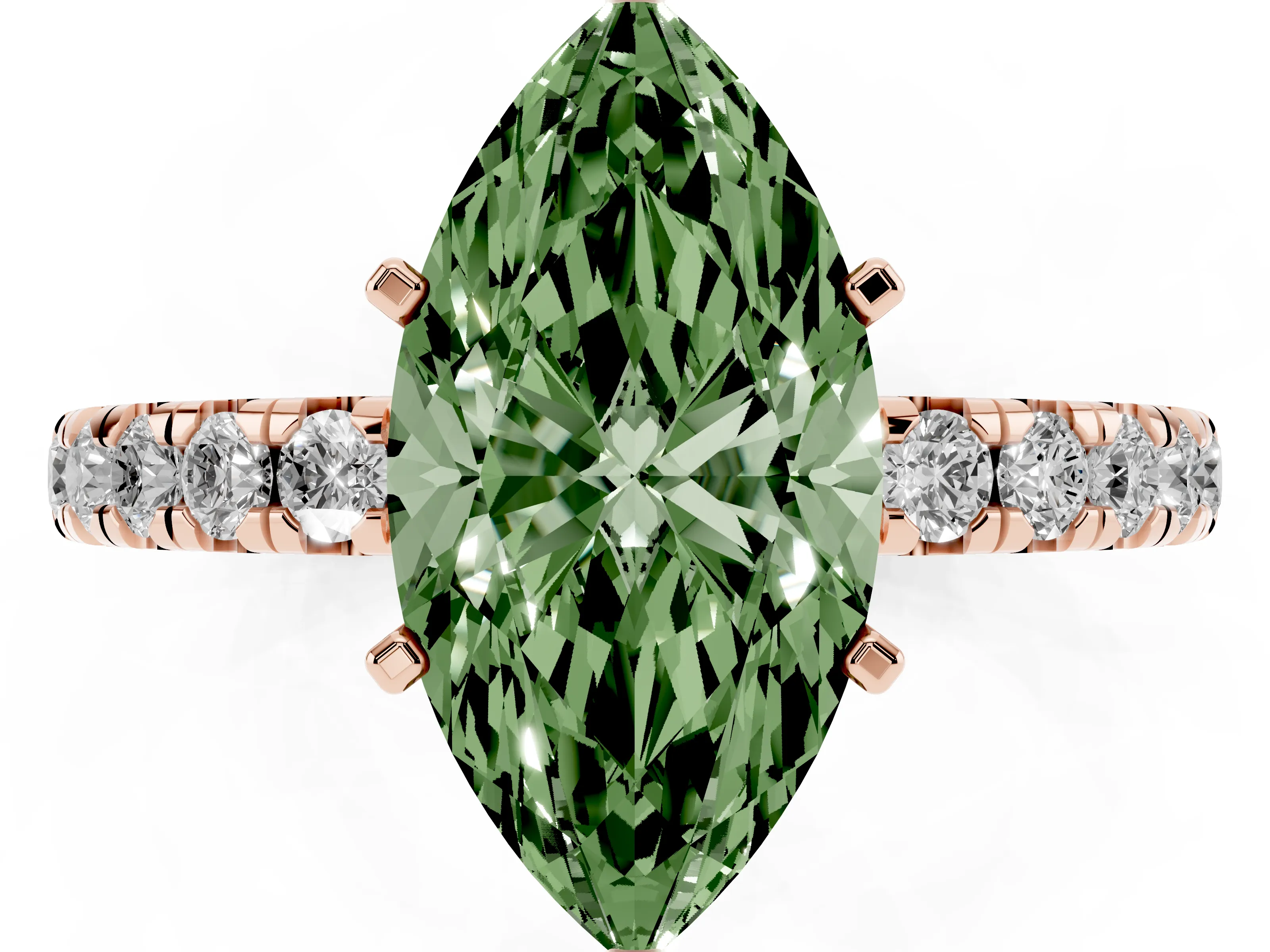 Fancy Green Marquise Cut Diamond Pavé Solitaire Ring Set in Rose gold with Round Band and Prong Setting