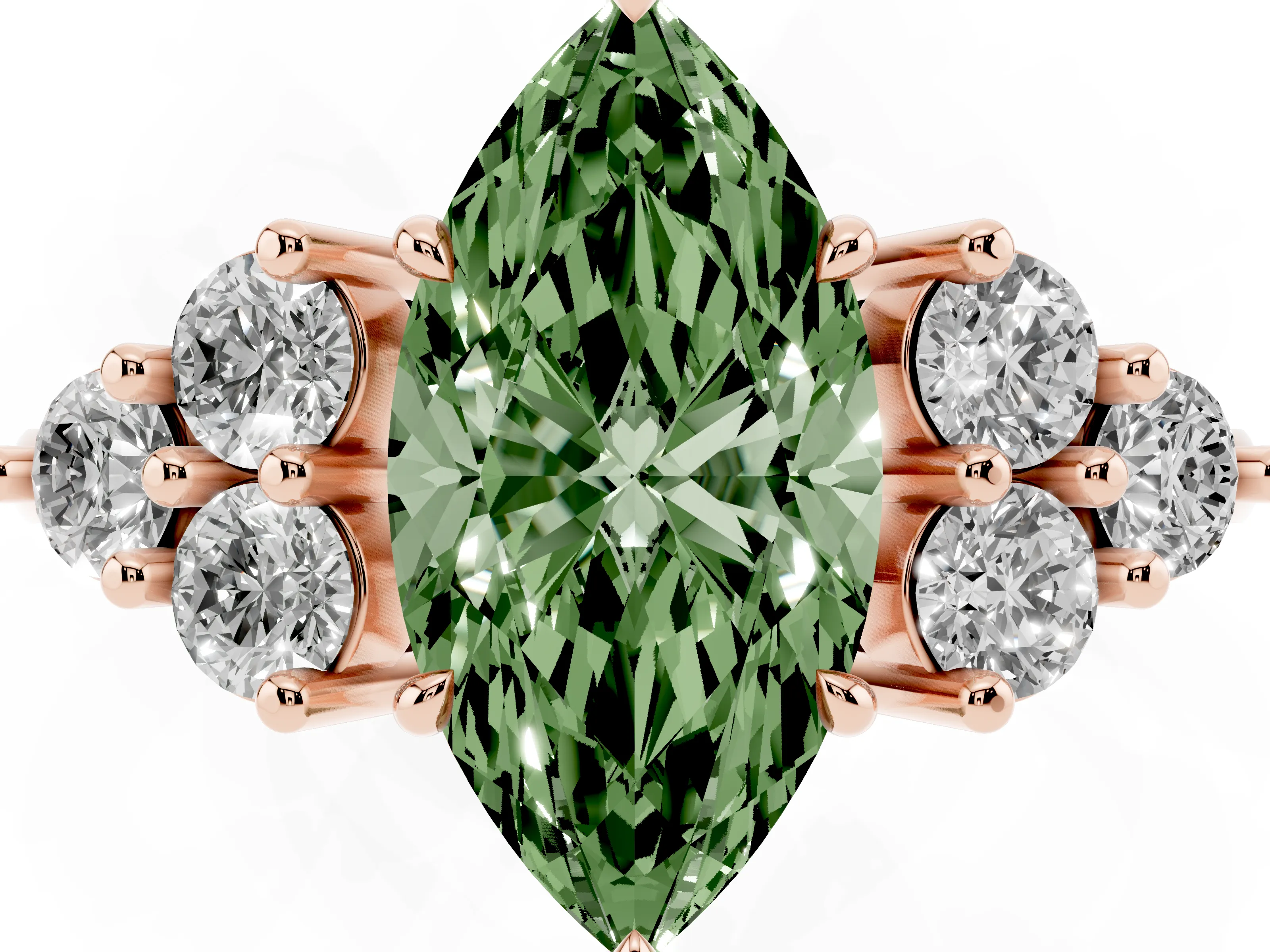 Fancy Green Marquise Cut Diamond Solitaire Ring Set in Rose gold with Cluster Accents on Each Side