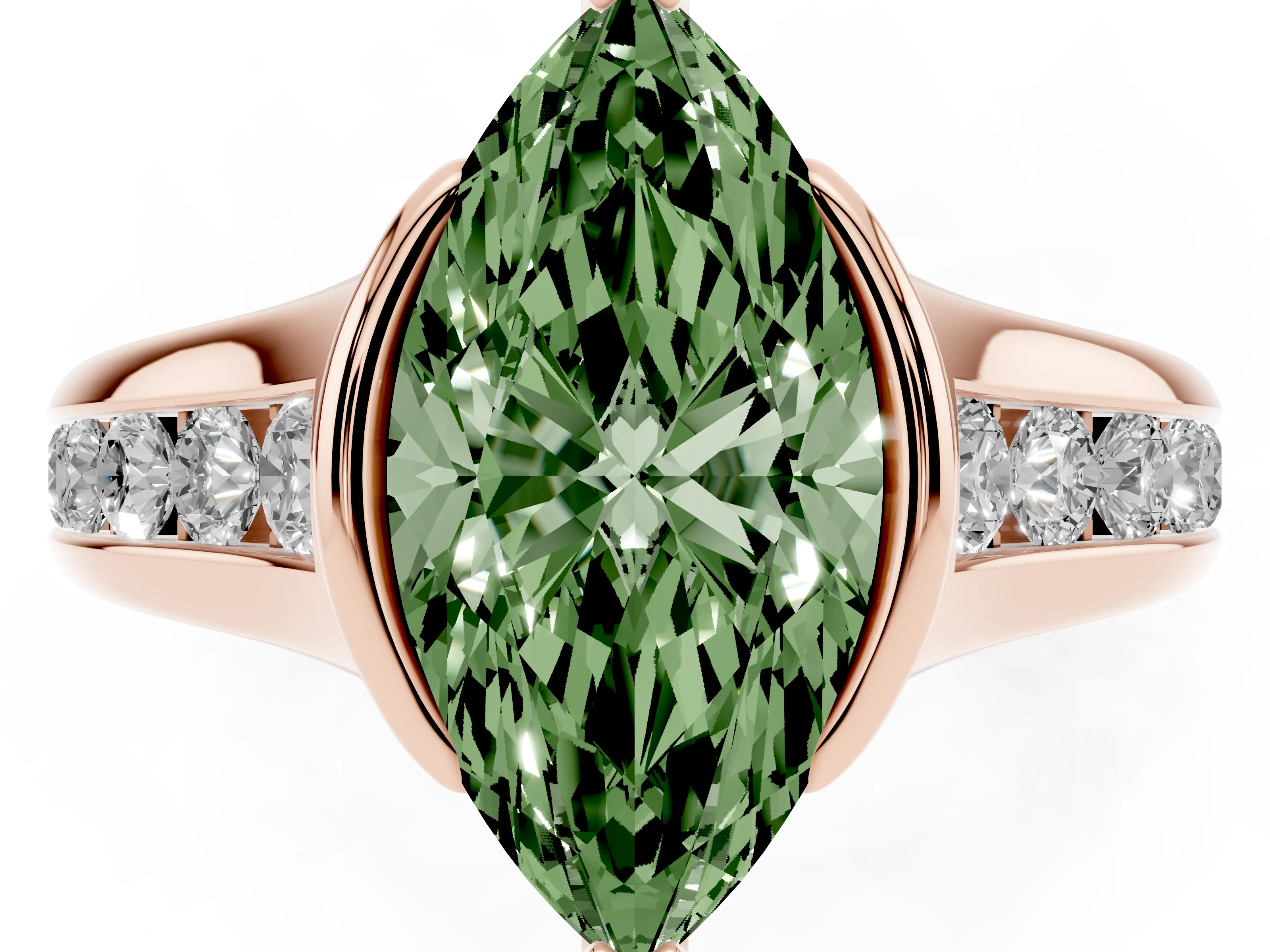 Fancy Green Marquise Cut Diamond Bezel-Set Solitaire Ring Set in Rose gold with Channel-Set Band