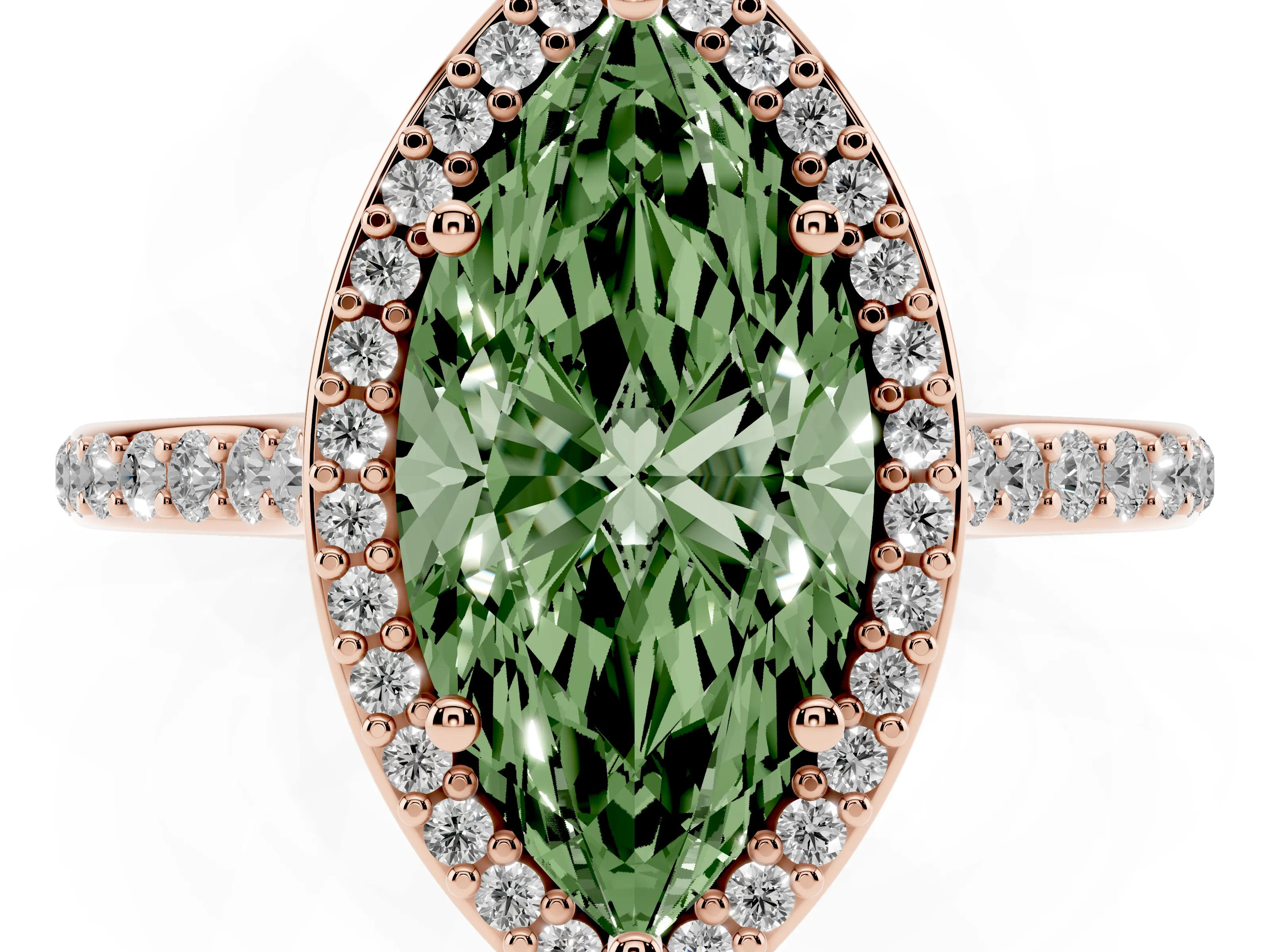 Fancy Green Marquise Cut Diamond Halo Engagement Ring Set in Rose gold with Round Pavé Shoulders and Heart Gallery