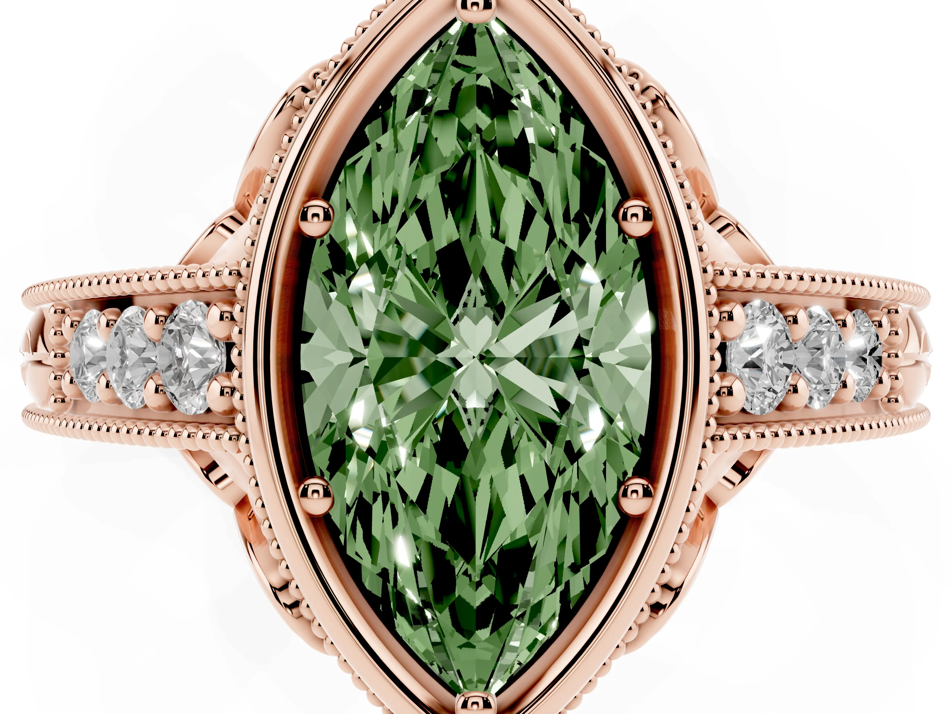 Fancy Green Bezel Set Marquise Cut Diamond Milgrain Pavé Engagement Ring Set in Rose gold