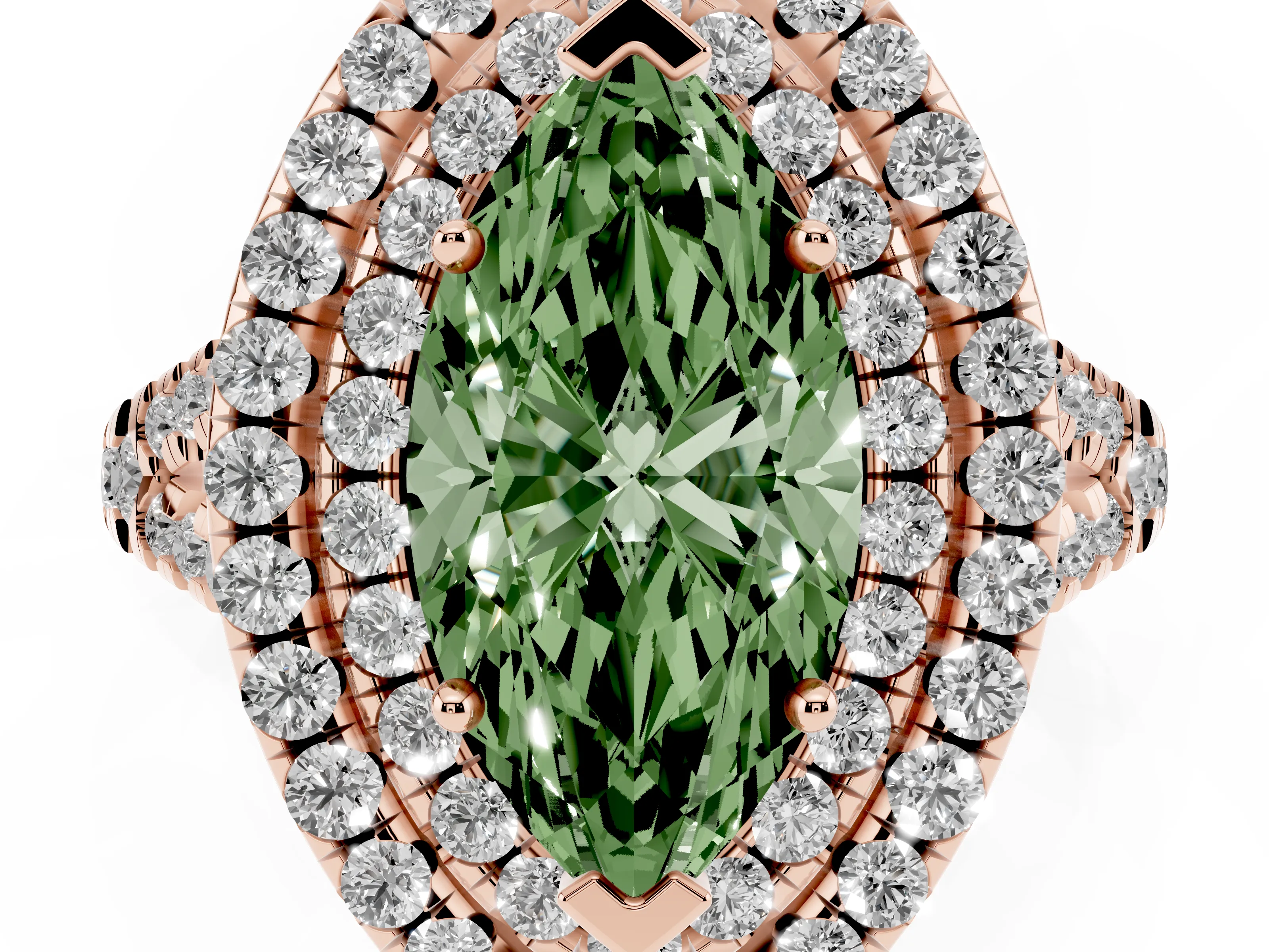 Fancy Green Marquise Cut Diamond Double Halo Ring Set in Rose gold with Pavé Split Shank and Prong Setting