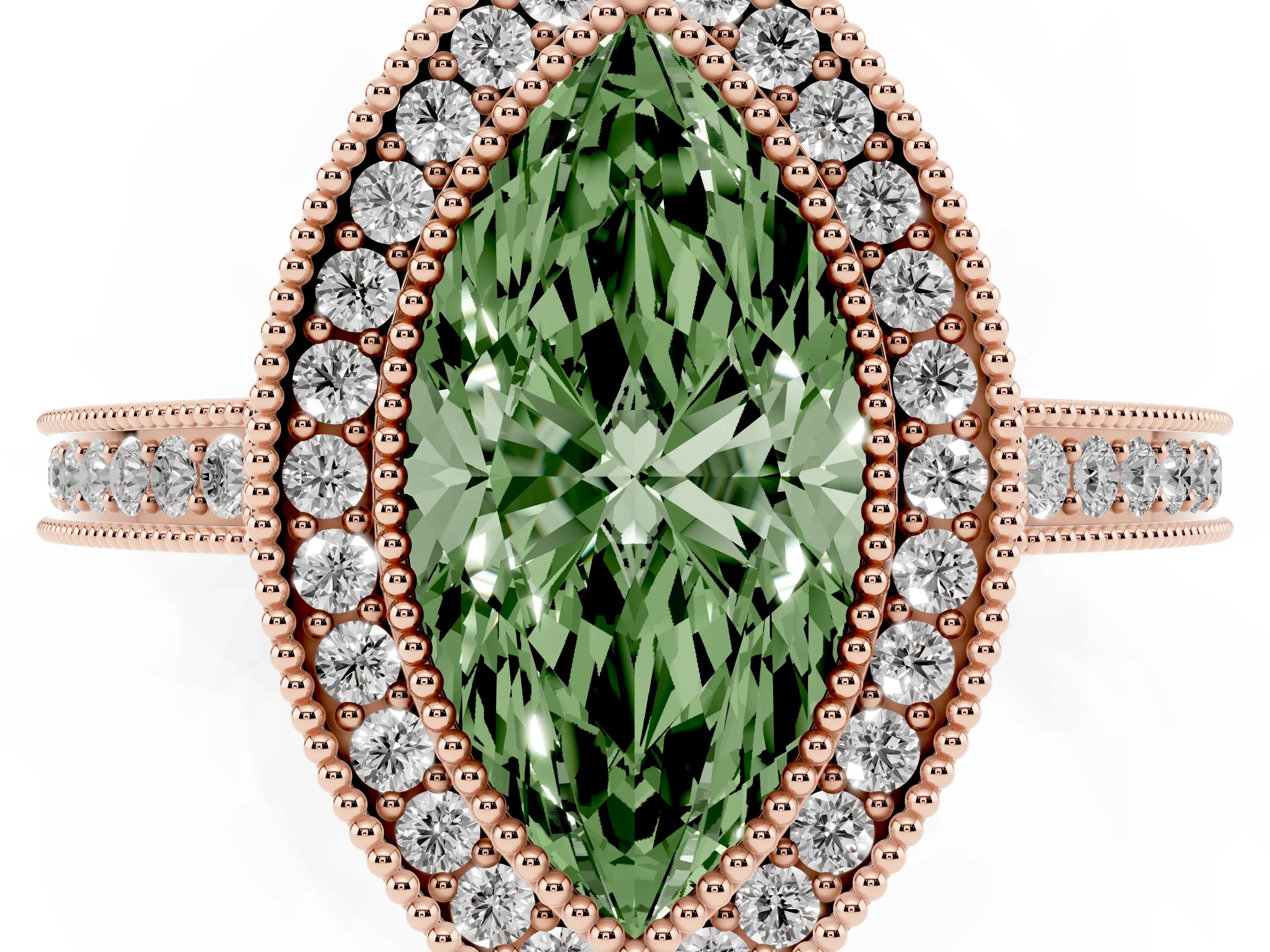 Fancy Green Marquise Cut Diamond Halo Ring Set in Rose gold with Pavé Band and Milgrain-Edged Prongs