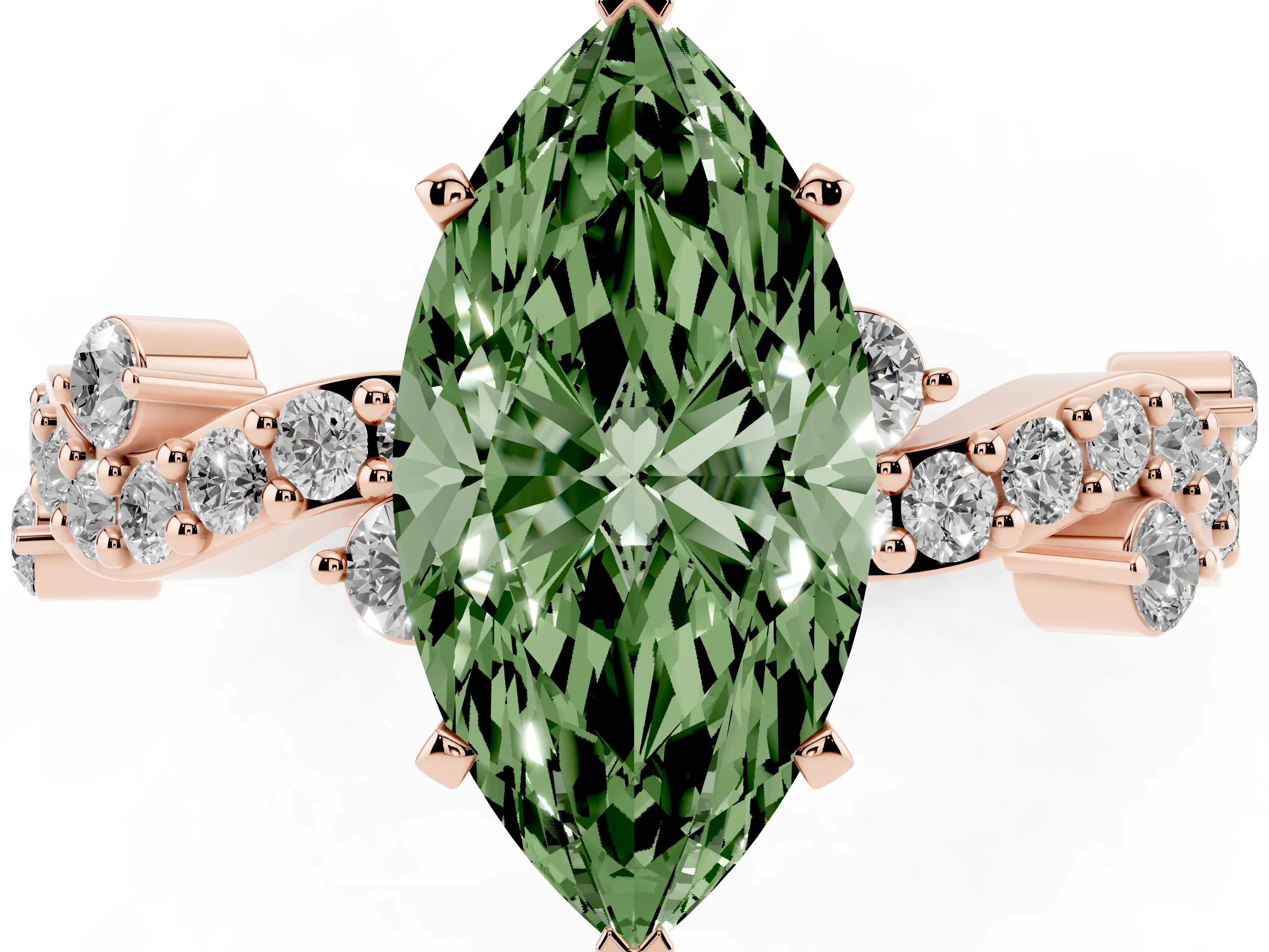 Fancy Green Marquise Cut Diamond Solitaire Twisted Band Set in Rose gold with Pavé Setting