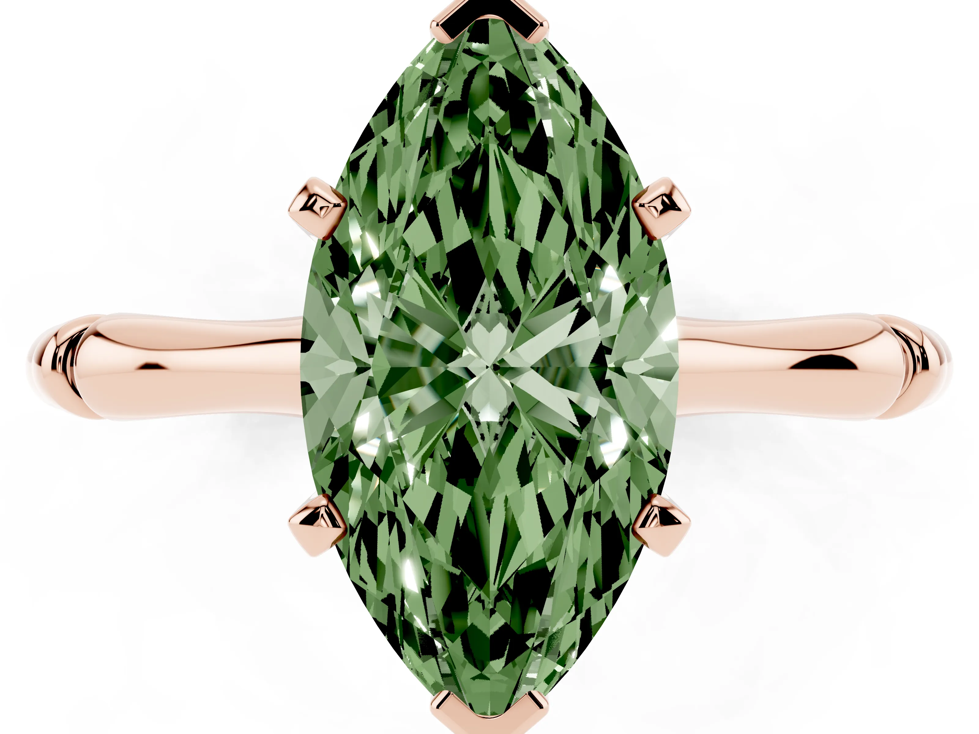 Fancy Green Marquise Cut Diamond Solitaire Ring Set in Rose gold with Bamboo Band and Prong Setting