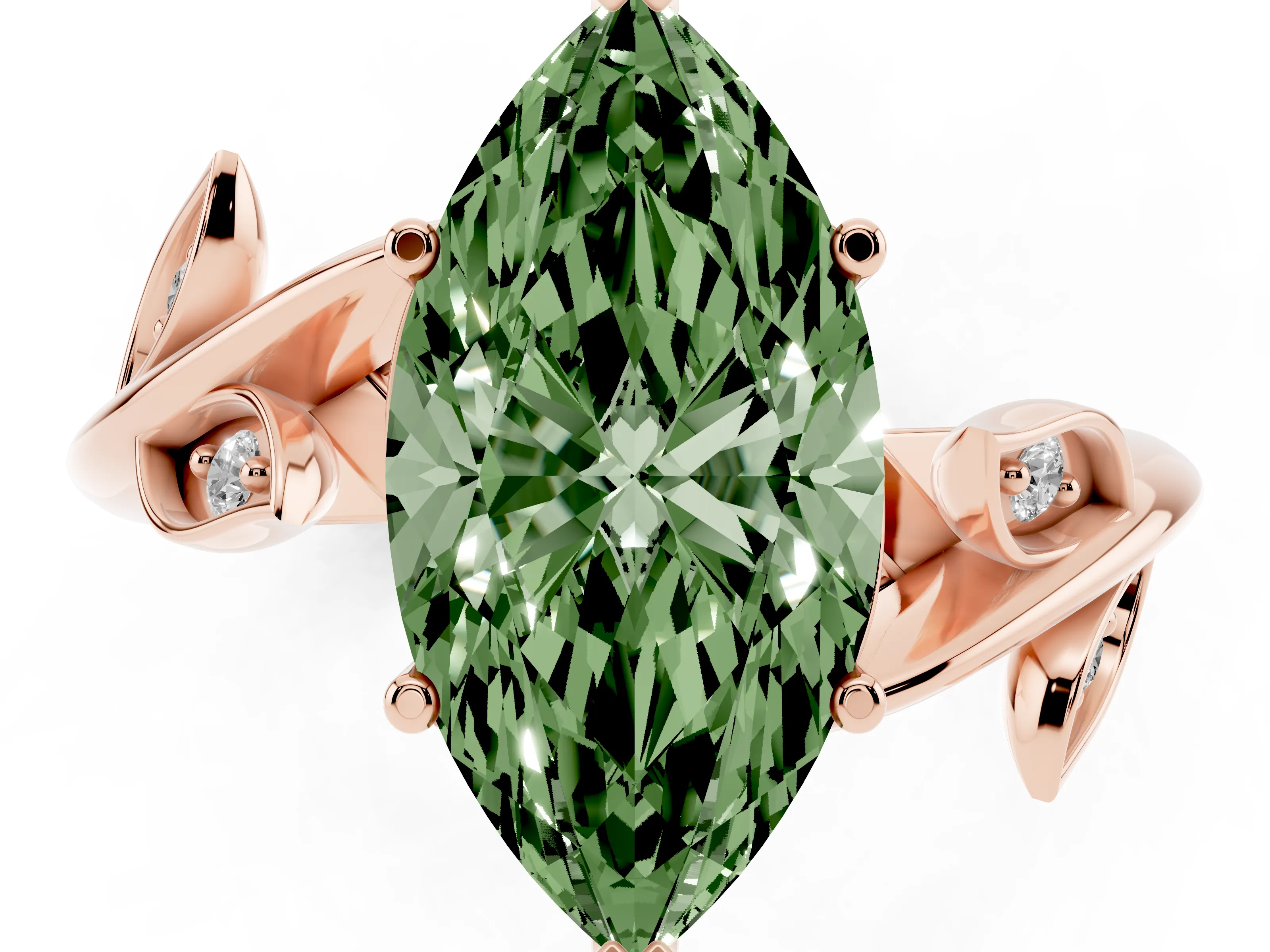 Fancy Green Marquise Cut Diamond Solitaire Twist Engagement Ring Set in Rose gold with Pavé Leaf Accents