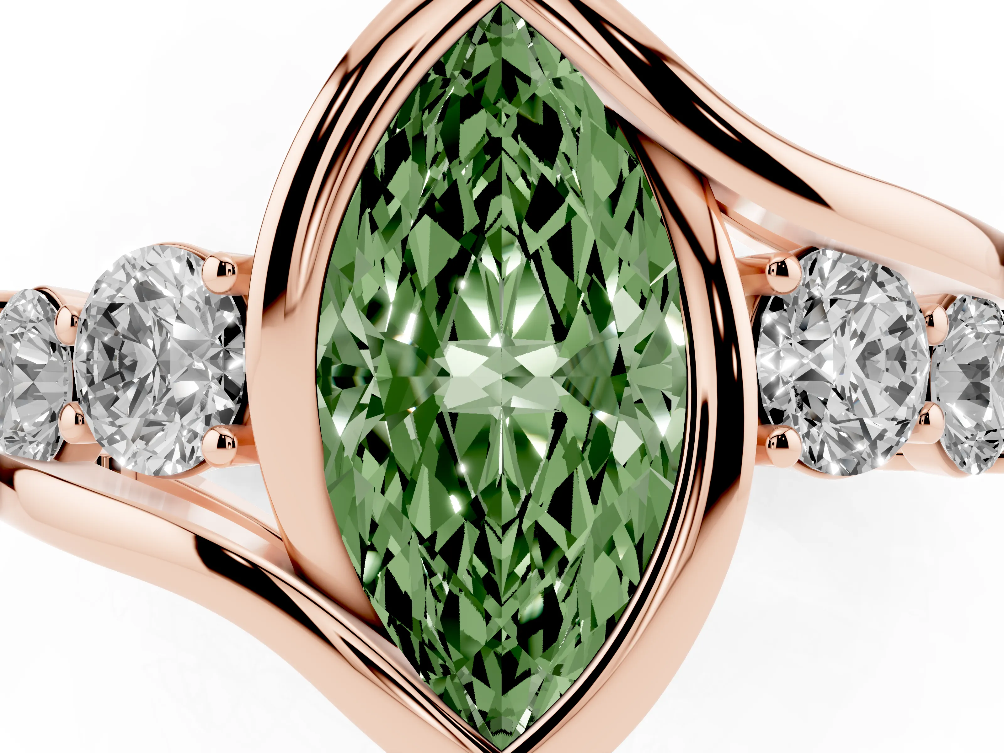 Fancy Green Marquise Cut Diamond Bezel Bypass Ring Set in Rose gold with Round Accents