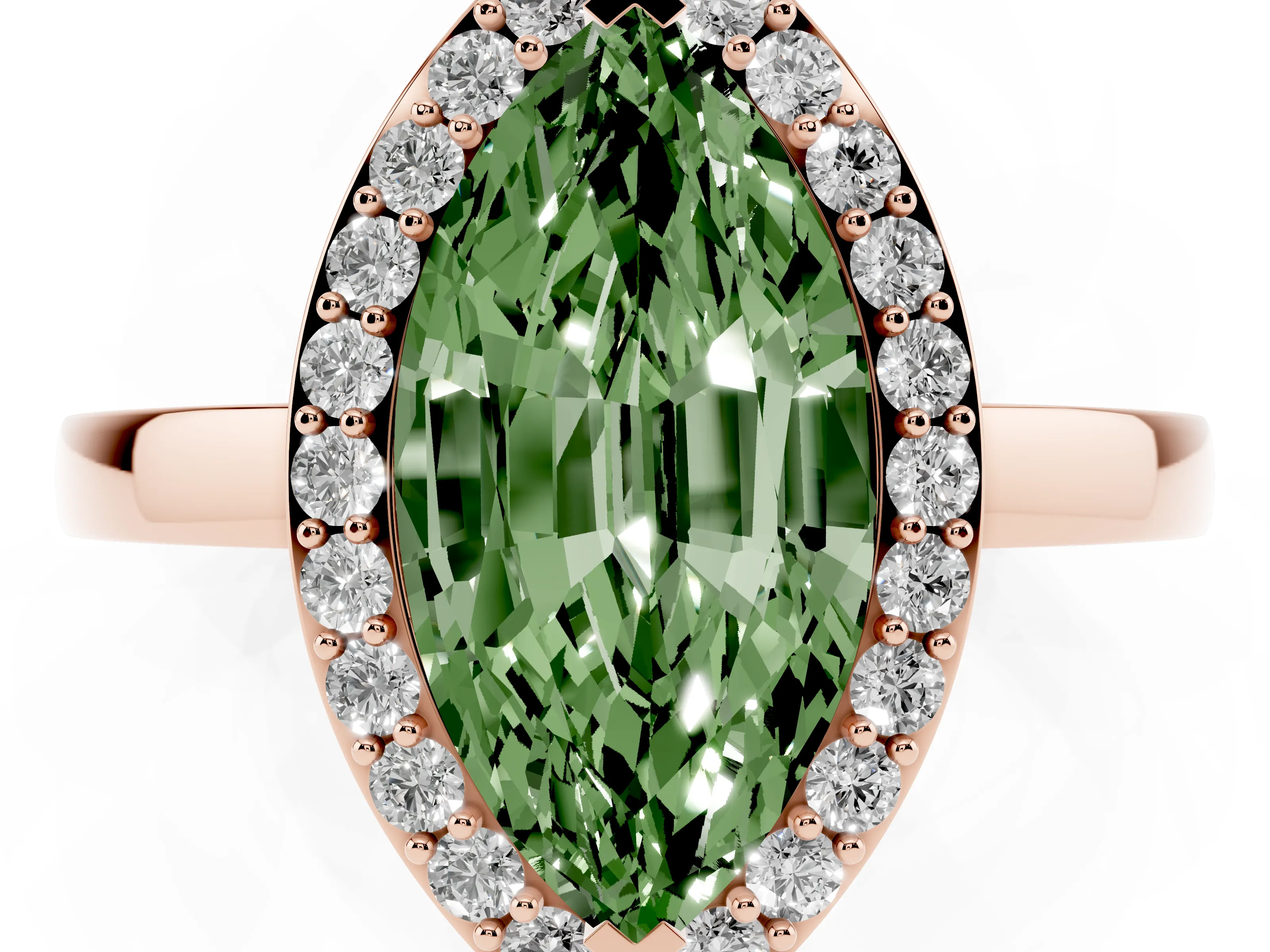 Fancy Green Marquise Cut Diamond Halo Ring Set in Rose gold with Solitaire Band and Prong Setting