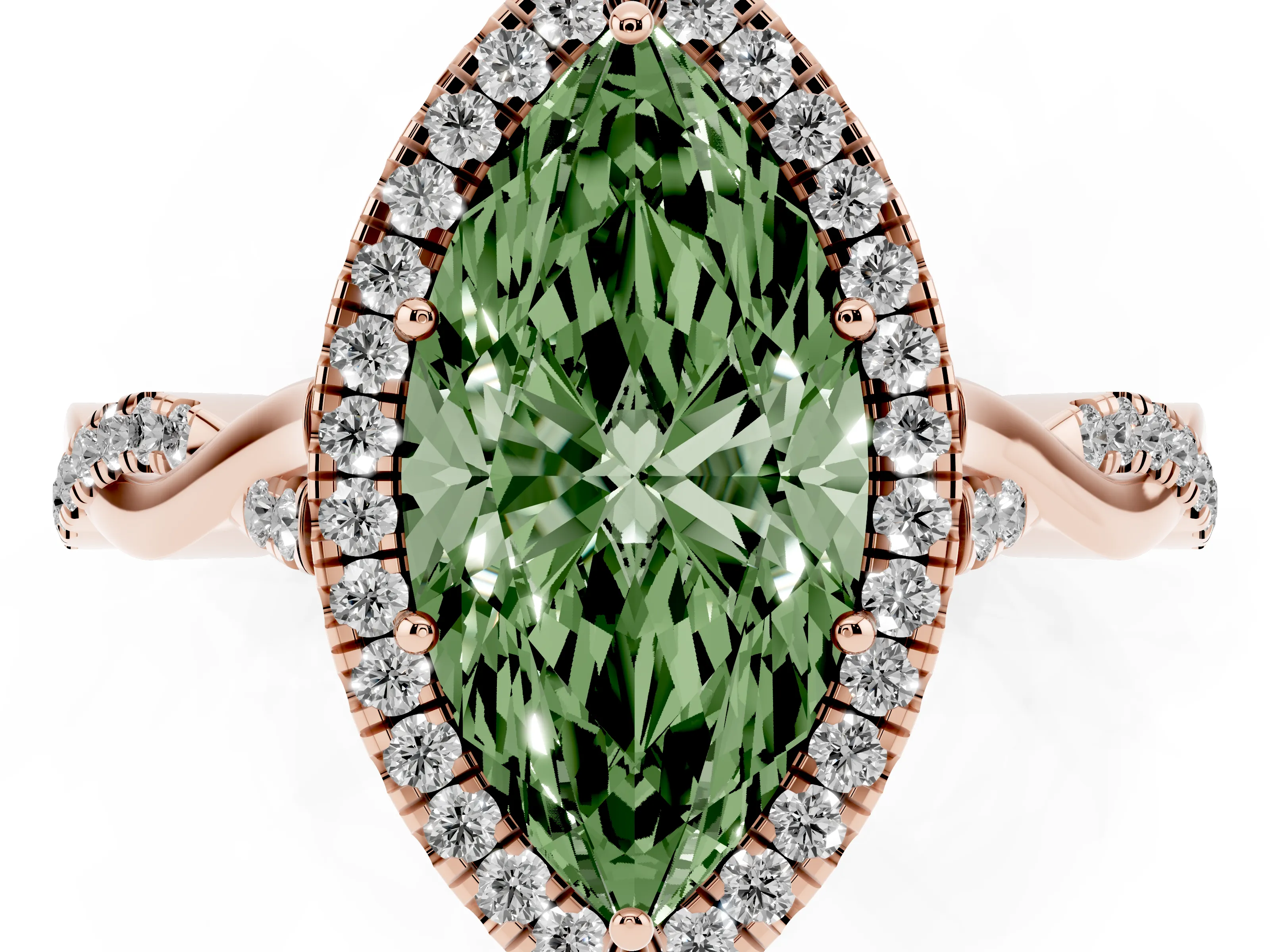 Fancy Green Marquise Cut Diamond Halo Twist Band Solitaire Ring Set in Rose gold with Prong Setting