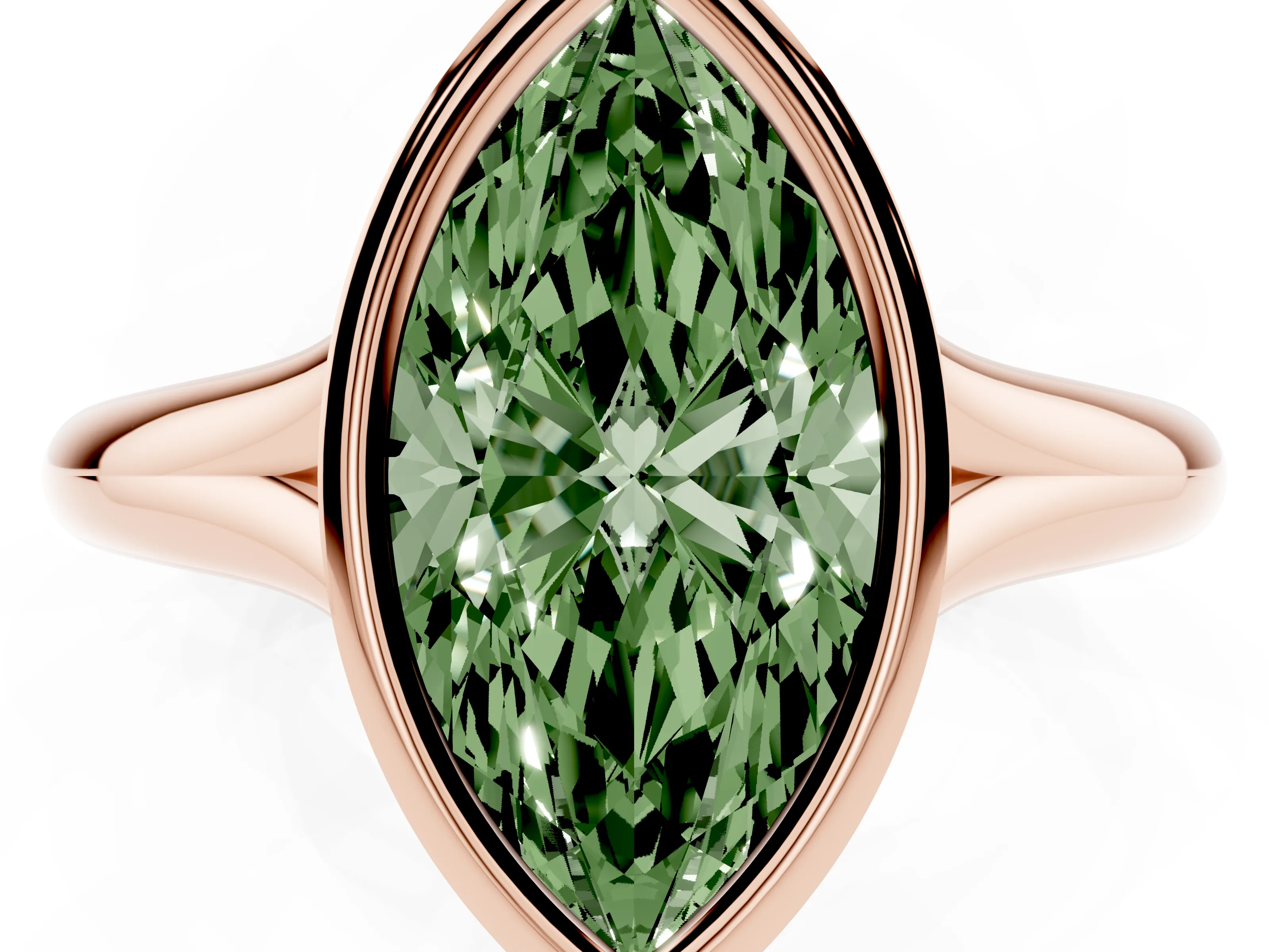 Fancy Green Bezel Set Marquise Cut Diamond Solitaire Ring Set in Rose gold with Smooth Band