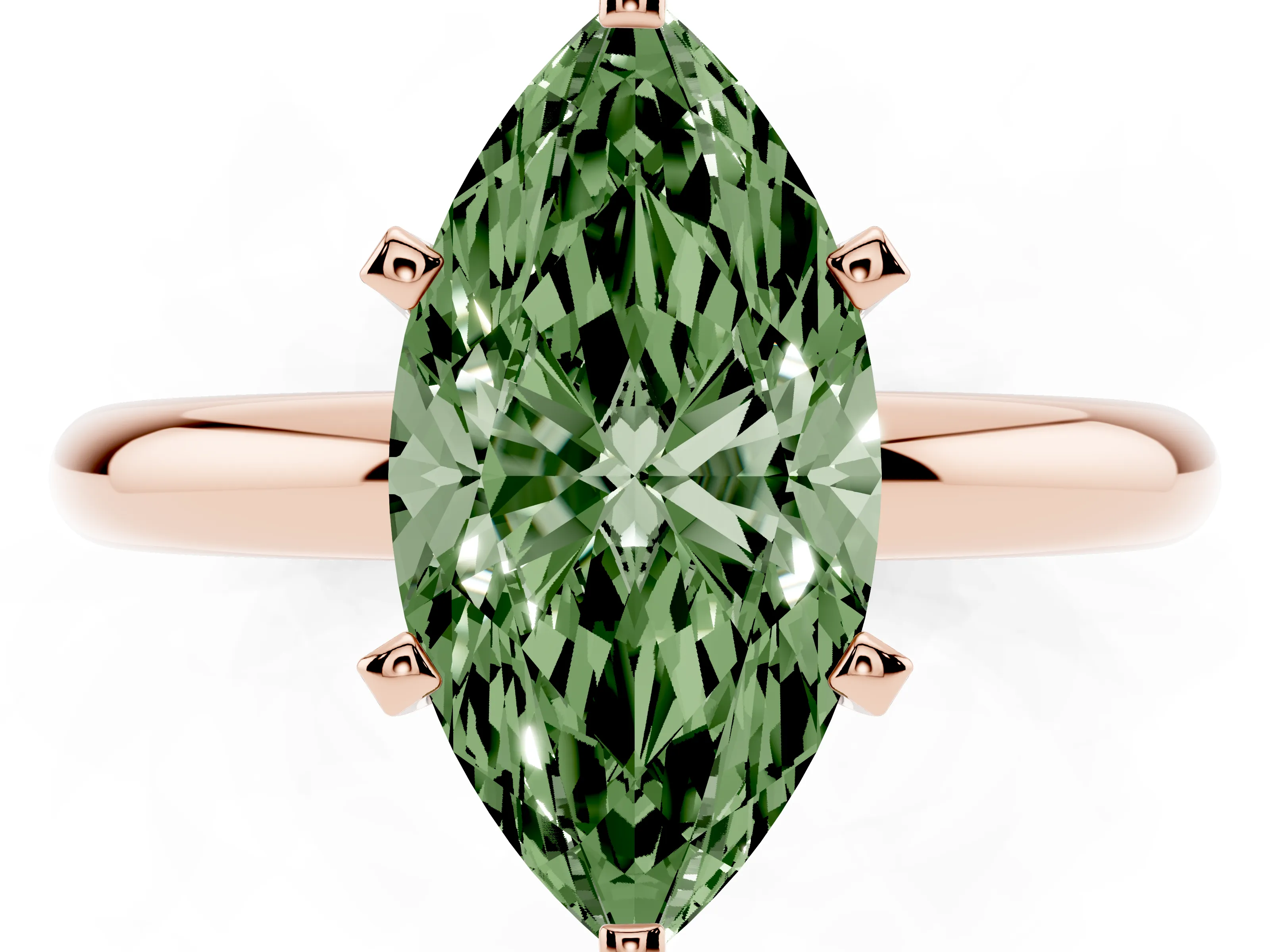 Fancy Green Marquise Cut Diamond Solitaire Engagement Ring Set in Rose gold with Round Band and Prong Setting