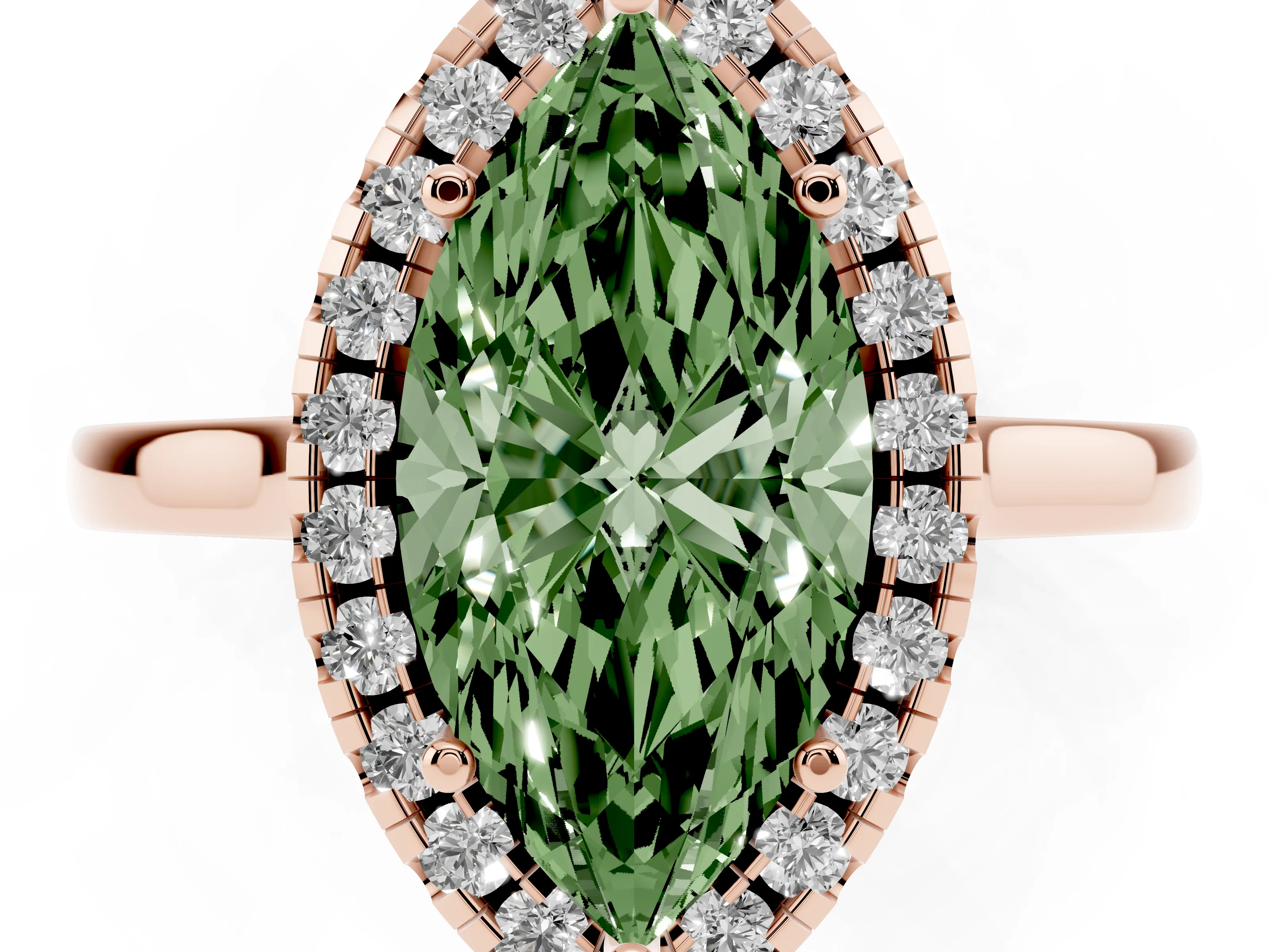 Fancy Green Marquise Cut Halo Round Diamond Solitaire Ring Set in Rose gold with Pavé Band and Prong Setting