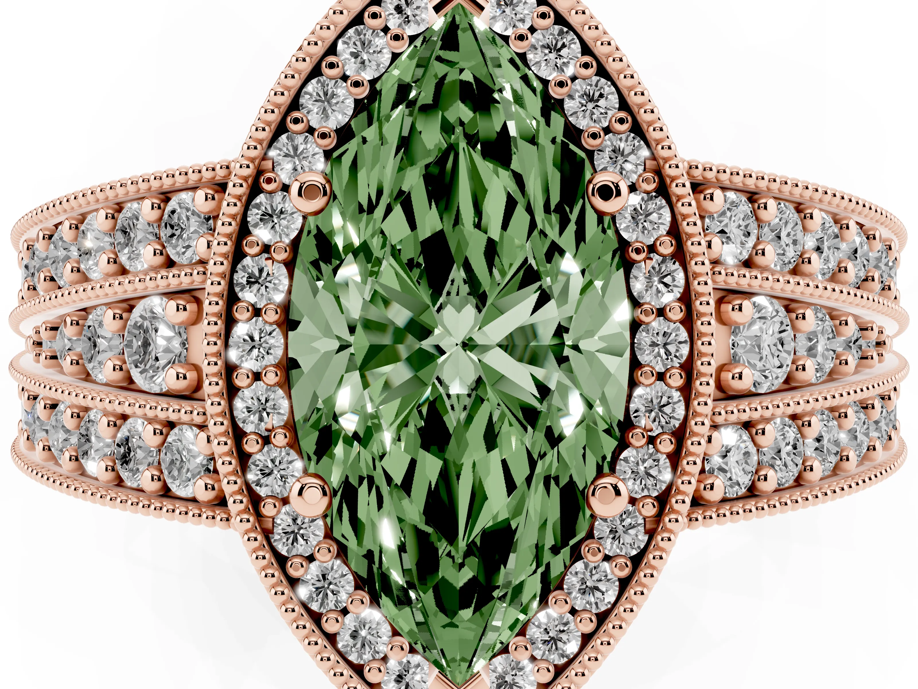 Fancy Green Marquise Cut Diamond Halo Ring Set in Rose gold with Accent Split Shank and Prong Setting