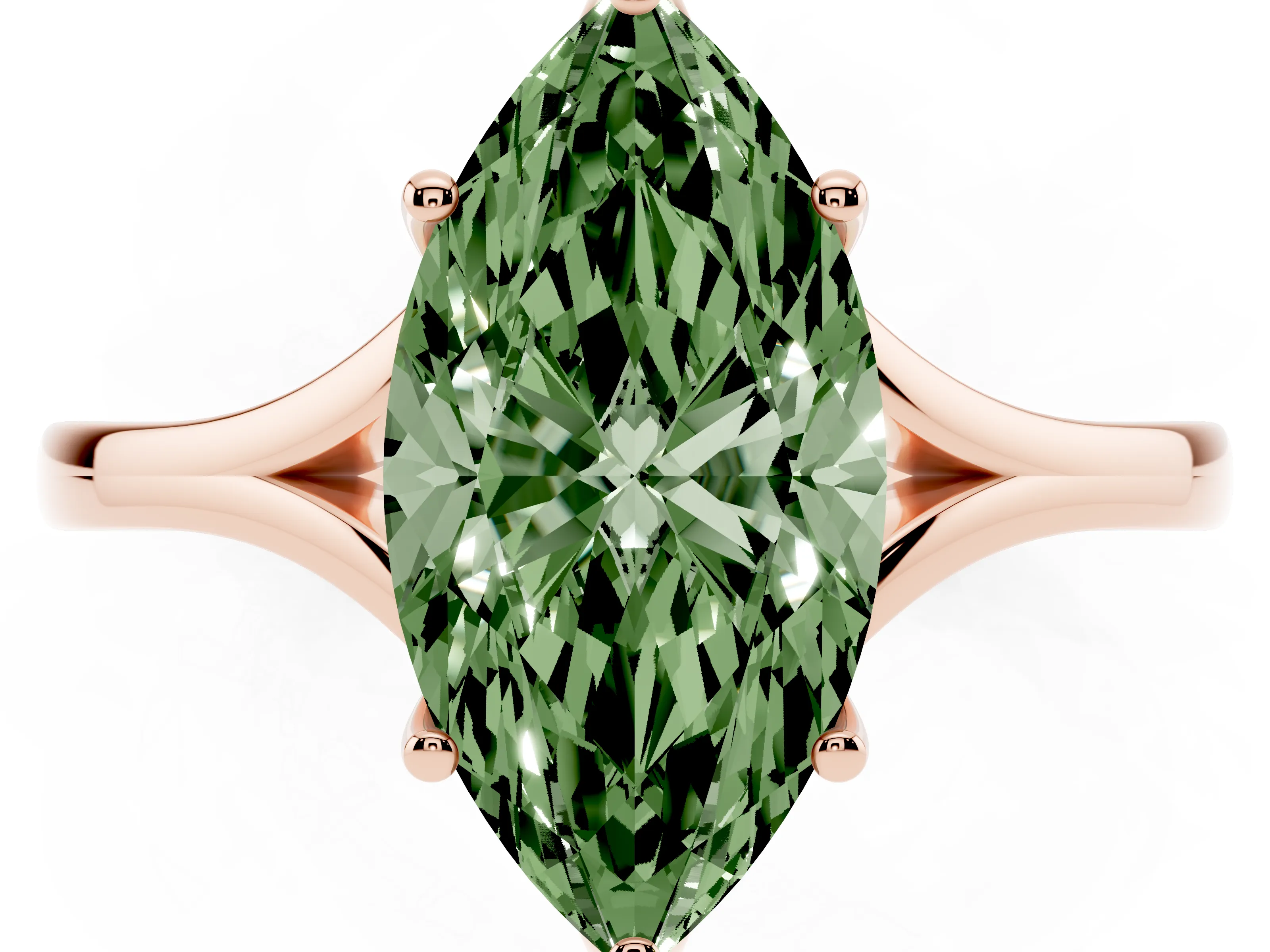 Fancy Green Marquise Cut Diamond Solitaire Ring Set in Rose gold with Polished Tapered Band and Prong Setting