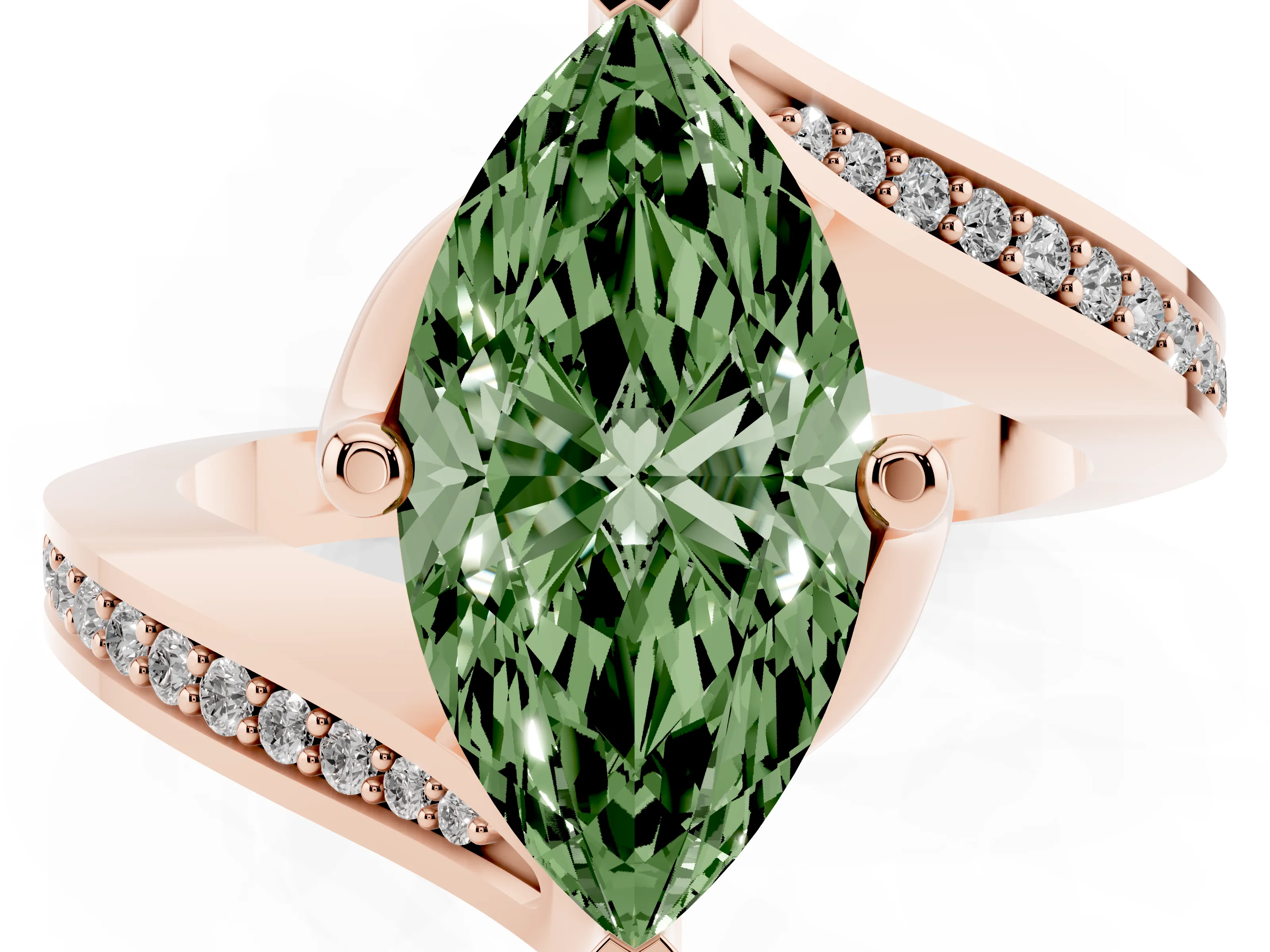 Fancy Green Marquise Cut Diamond Solitaire Ring Set in Rose gold with Intertwined Pavé Twist Band