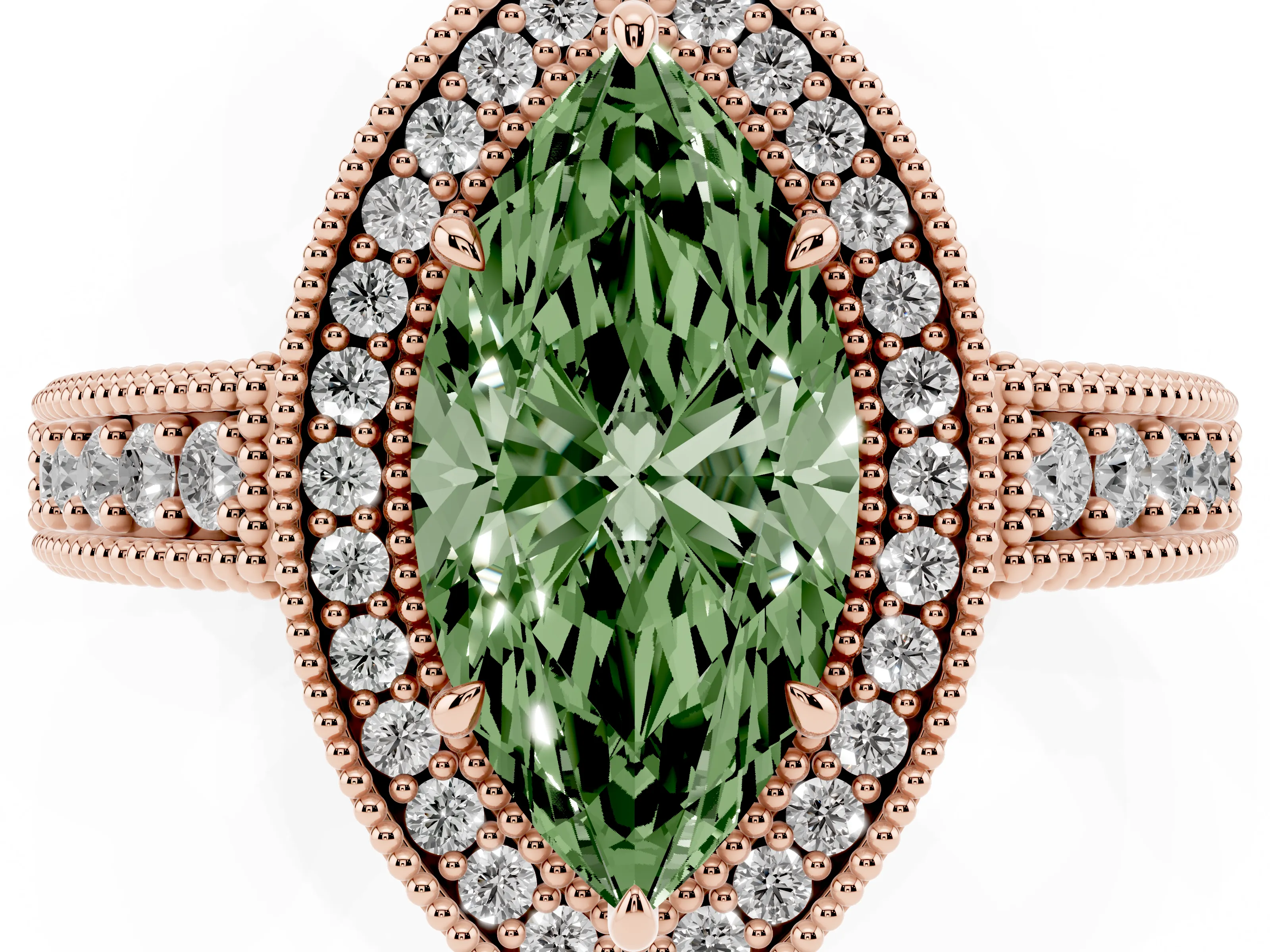 Fancy Green Marquise Cut Diamond Halo Ring Set in Rose gold with Round Accent Halo, Pavé Band and Prong Setting