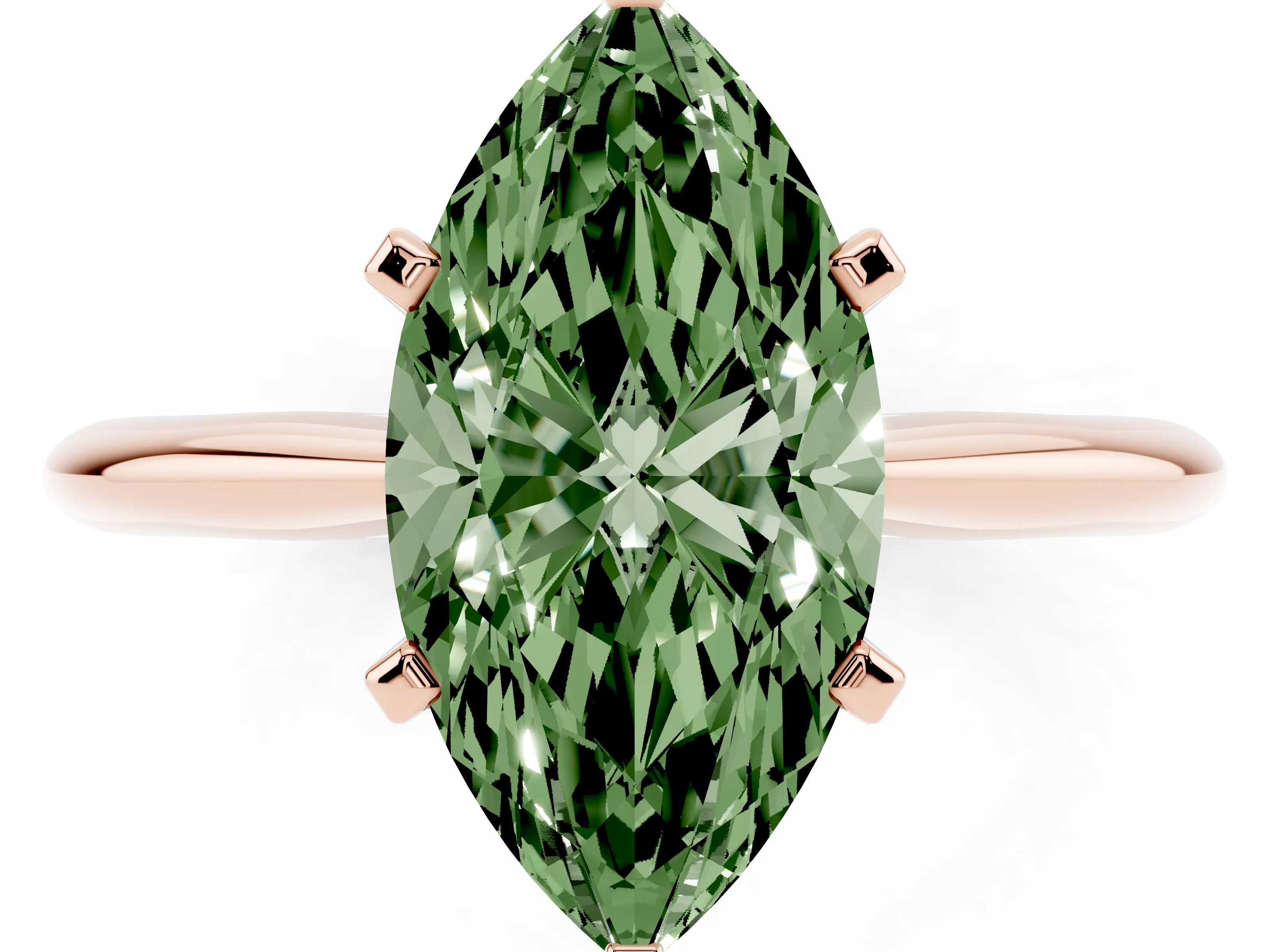 Fancy Green Marquise Cut Diamond Solitaire Ring Set in Rose gold with Prong Setting on a Plain Round Band