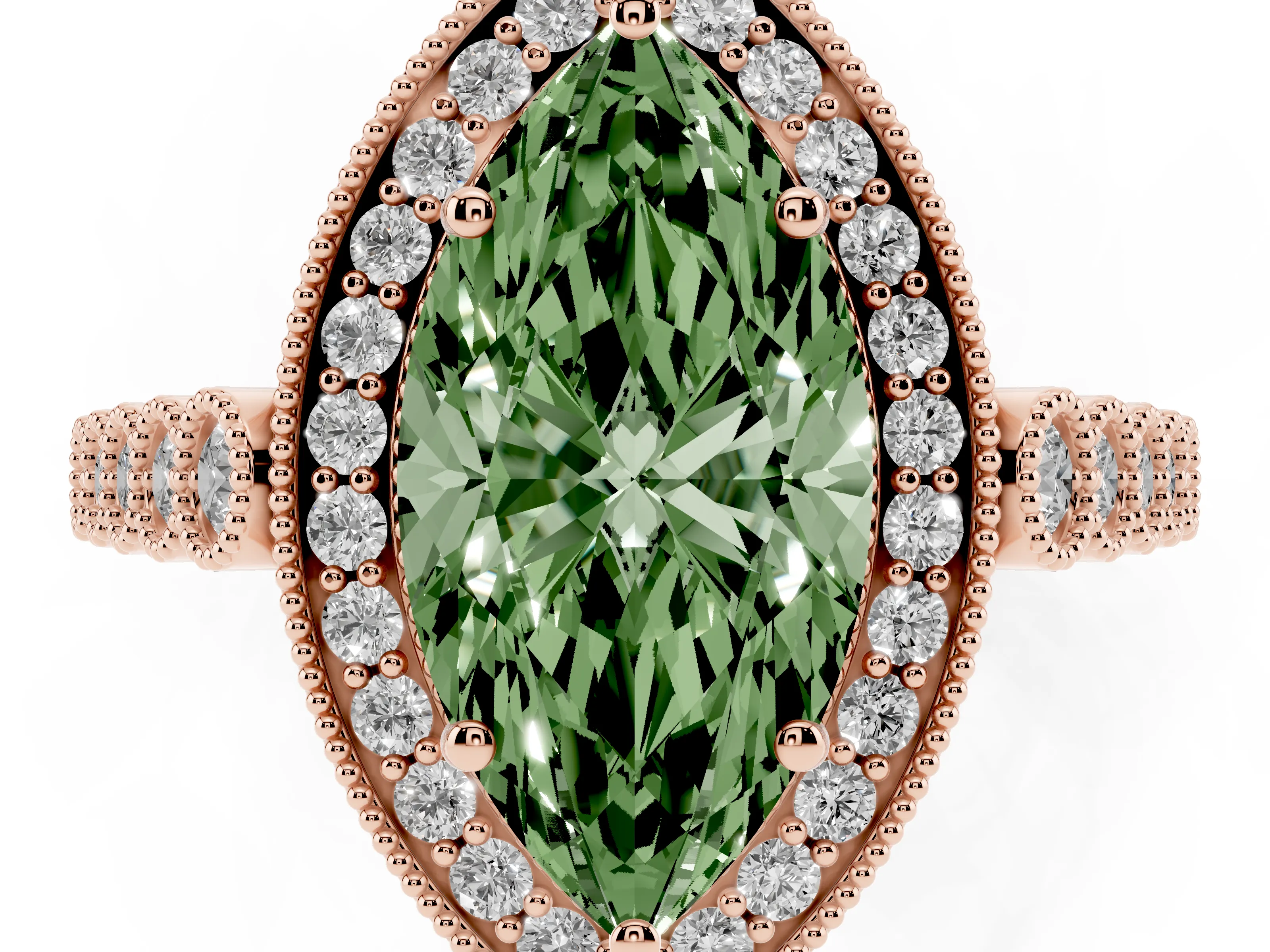 Fancy Green Marquise Cut Diamond Milgrain Halo Solitaire Ring Set in Rose gold with Bezel Set Side Stones and Pavé Band