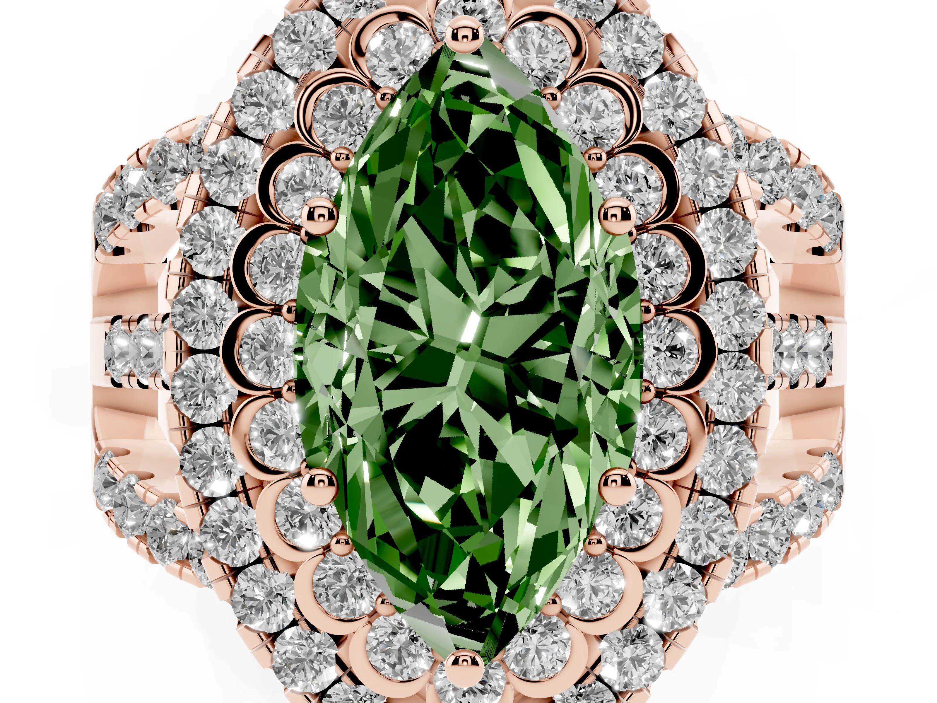 Fancy Green Marquise Cut Diamond Double Halo Ring Set in Rose gold with Round Pavé Split Shank