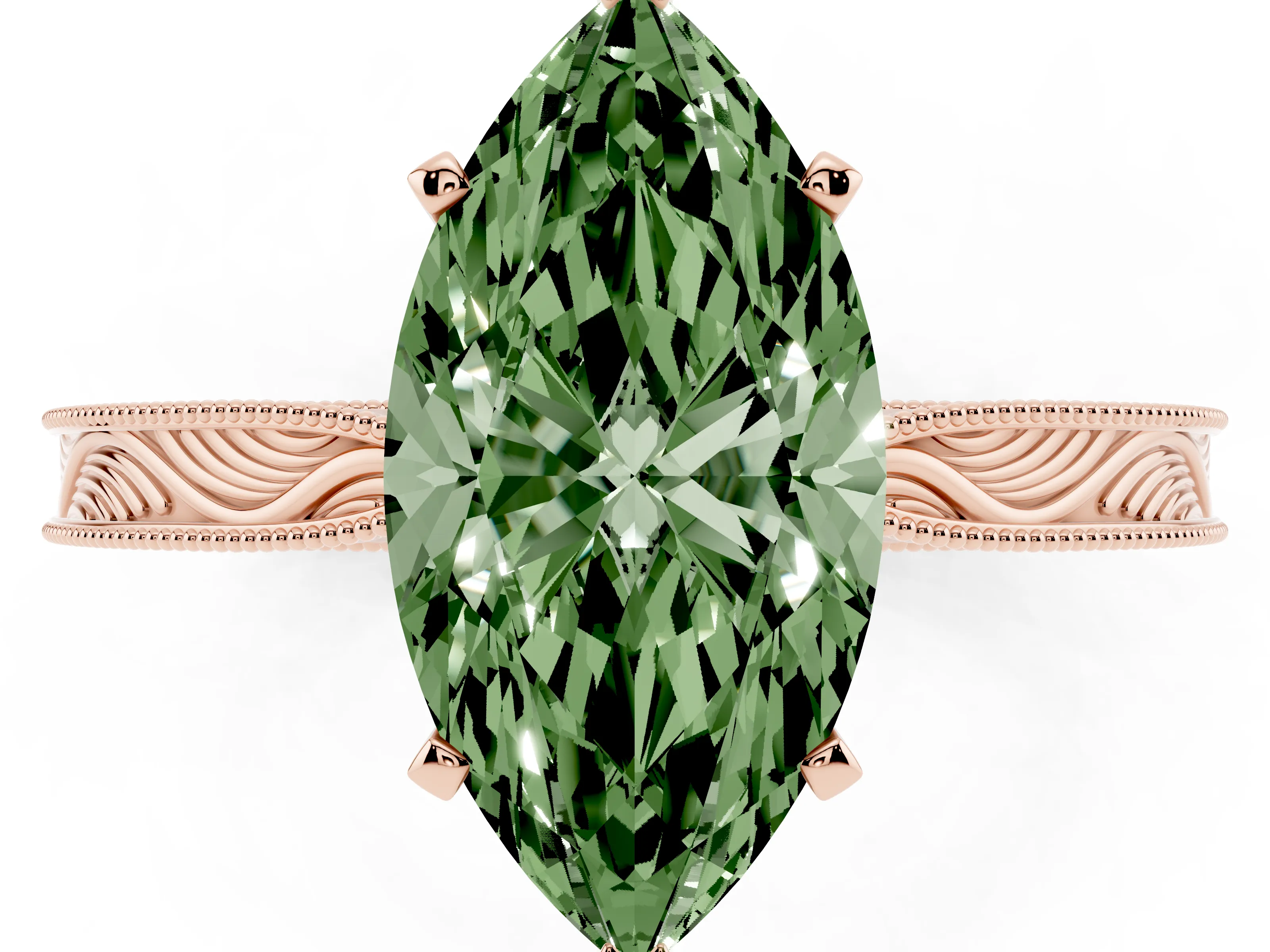 Fancy Green Marquise Cut Diamond Solitaire Milgrain Engraved Band Set in Rose gold with Prong Setting