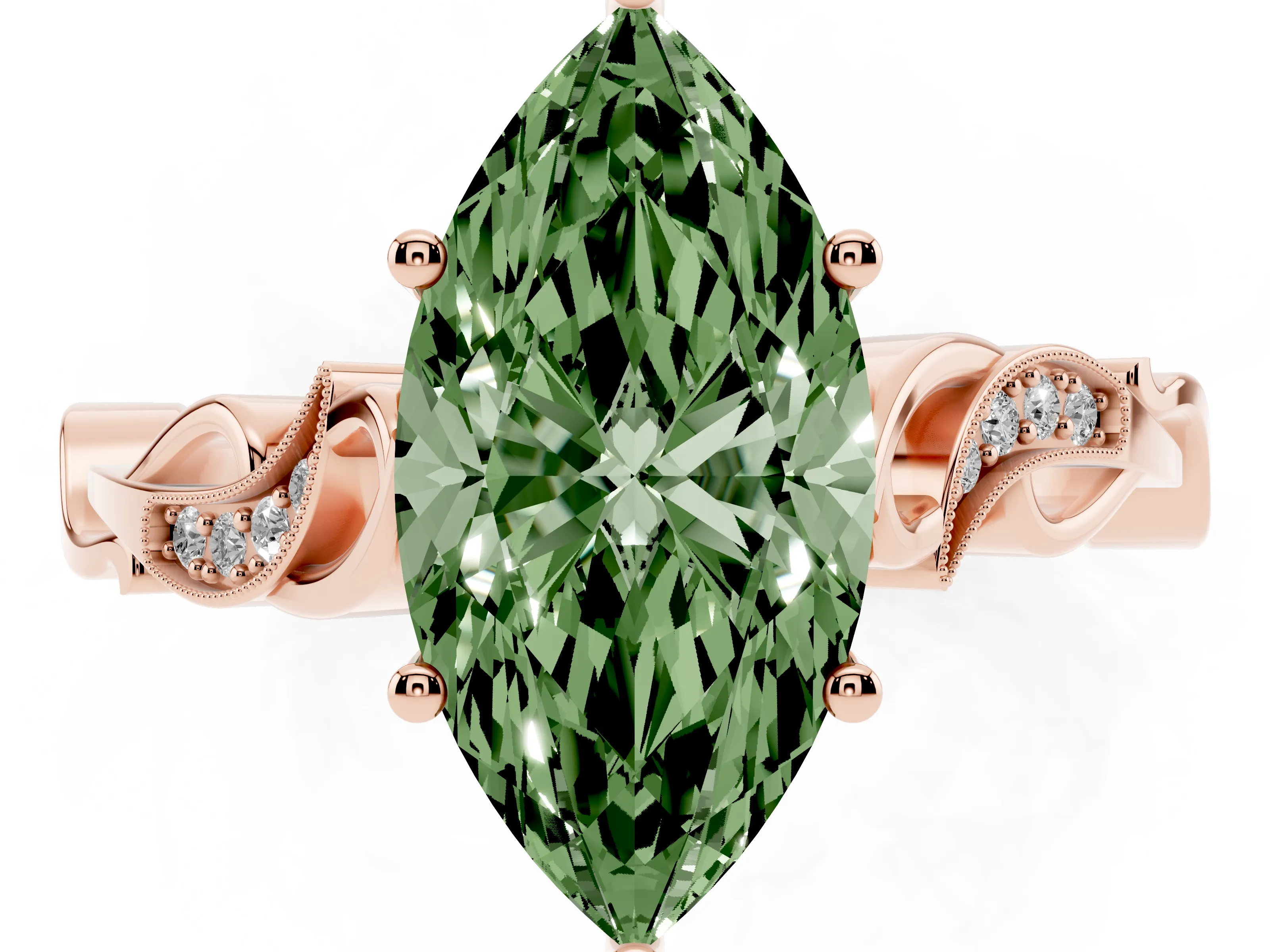 Fancy Green Marquise Cut Diamond Vine Band Solitaire Ring Set in Rose gold with Milgrain Prong Setting