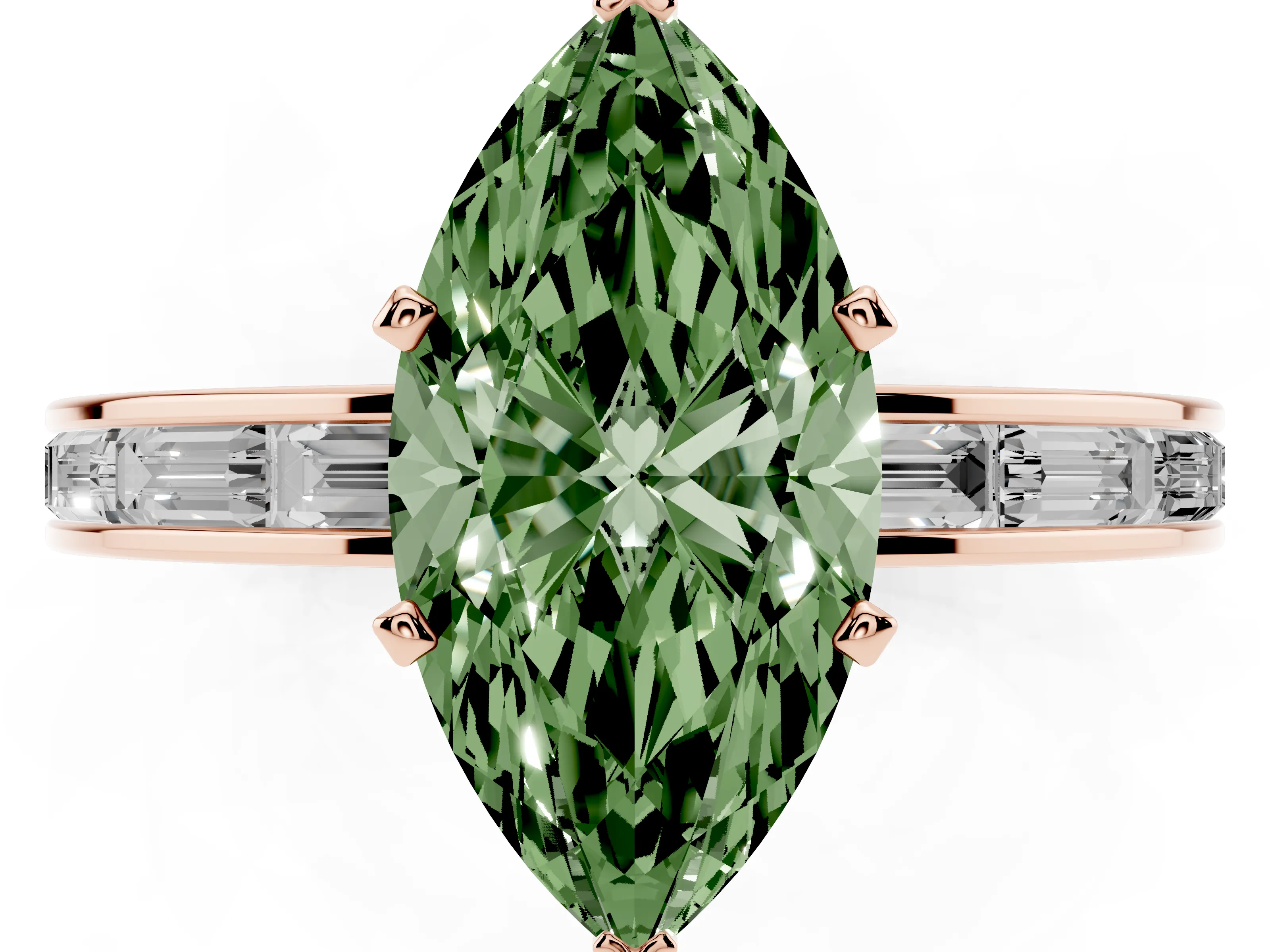 Fancy Green Marquise Cut Diamond Solitaire Ring Set in Rose gold with Channel-Set Baguette Band and Prong Setting