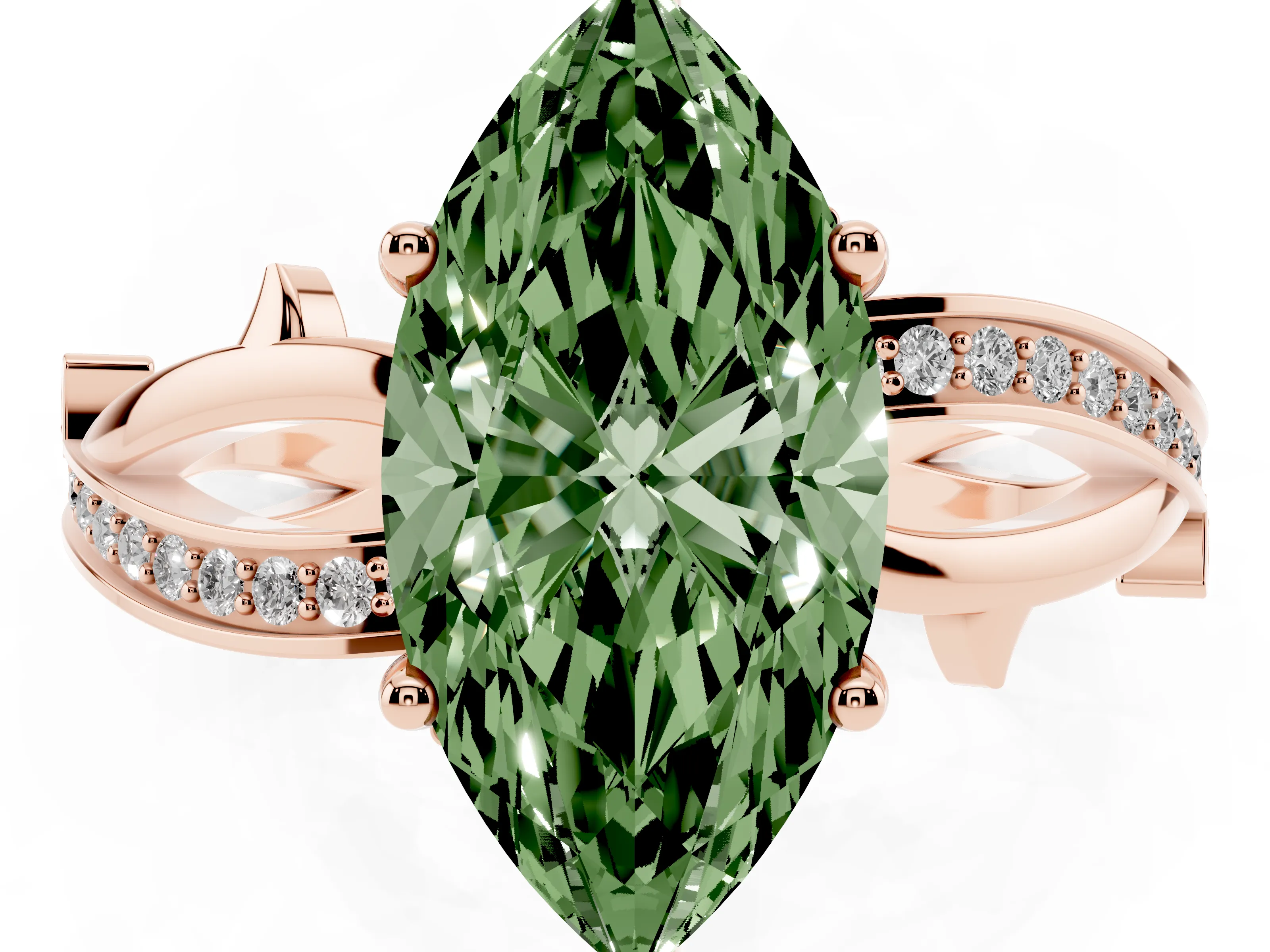 Fancy Green Marquise Cut Diamond Pavé Twist Band Solitaire Ring Set in Rose gold with Prong Setting