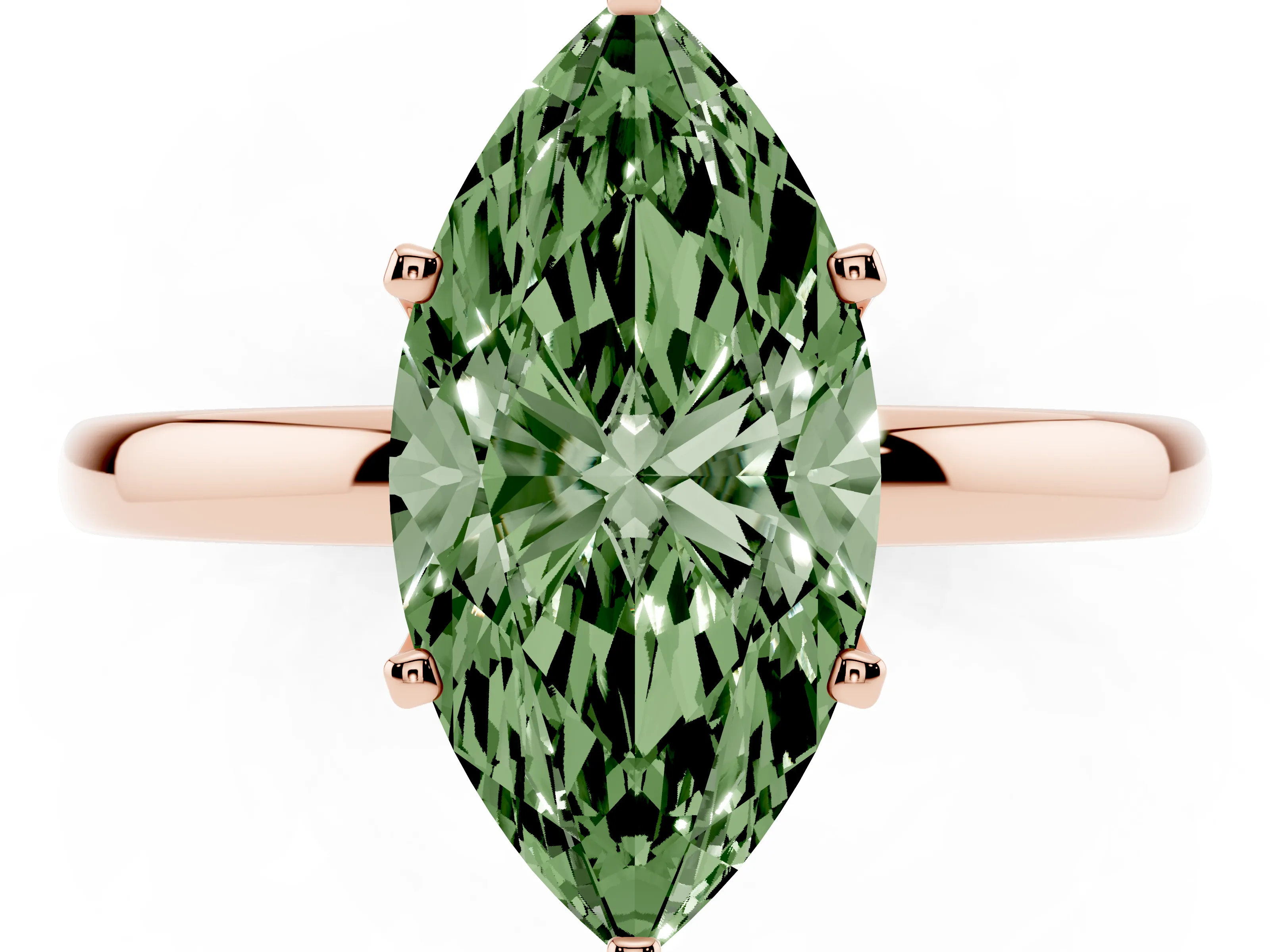 Fancy Green Marquise Cut Diamond Solitaire Ring Set in Rose gold with Raised Prong Setting on a Classic Band