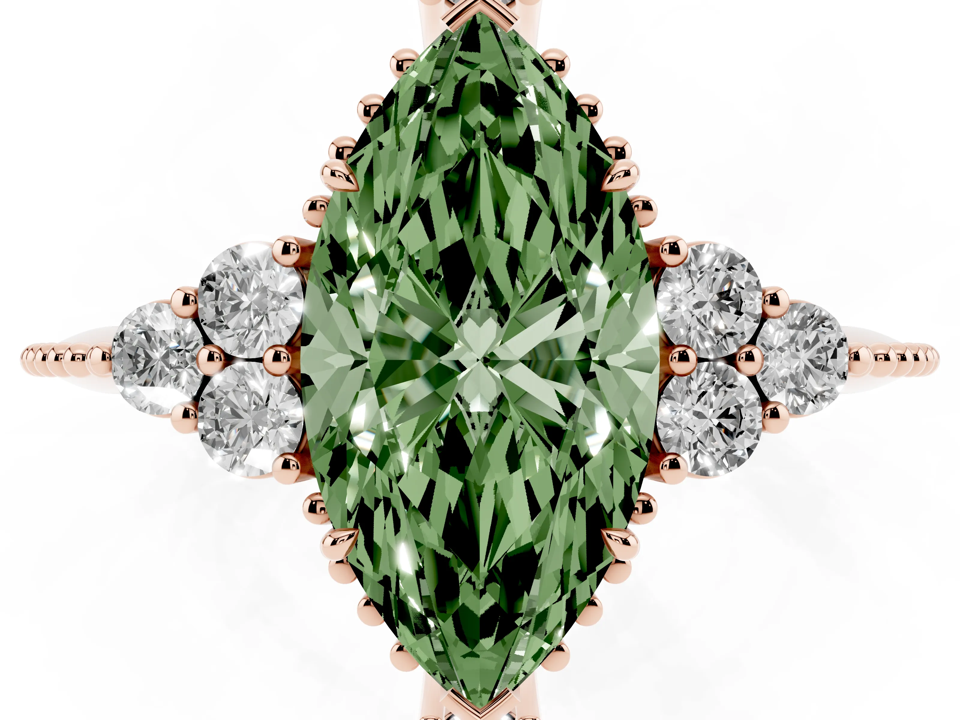 Fancy Green Marquise Cut Diamond Cluster Ring Set in Rose gold with Beaded Band