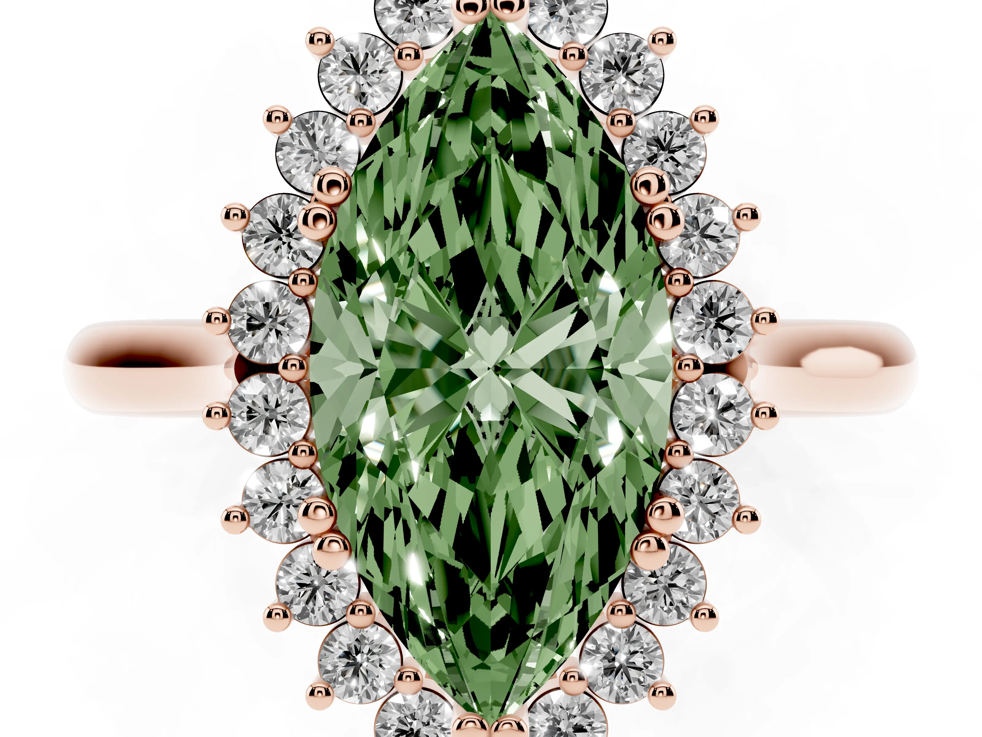 Fancy Green Marquise Cut Diamond Halo Ring Set in Rose gold with Plain Solitaire Band and Prong Setting