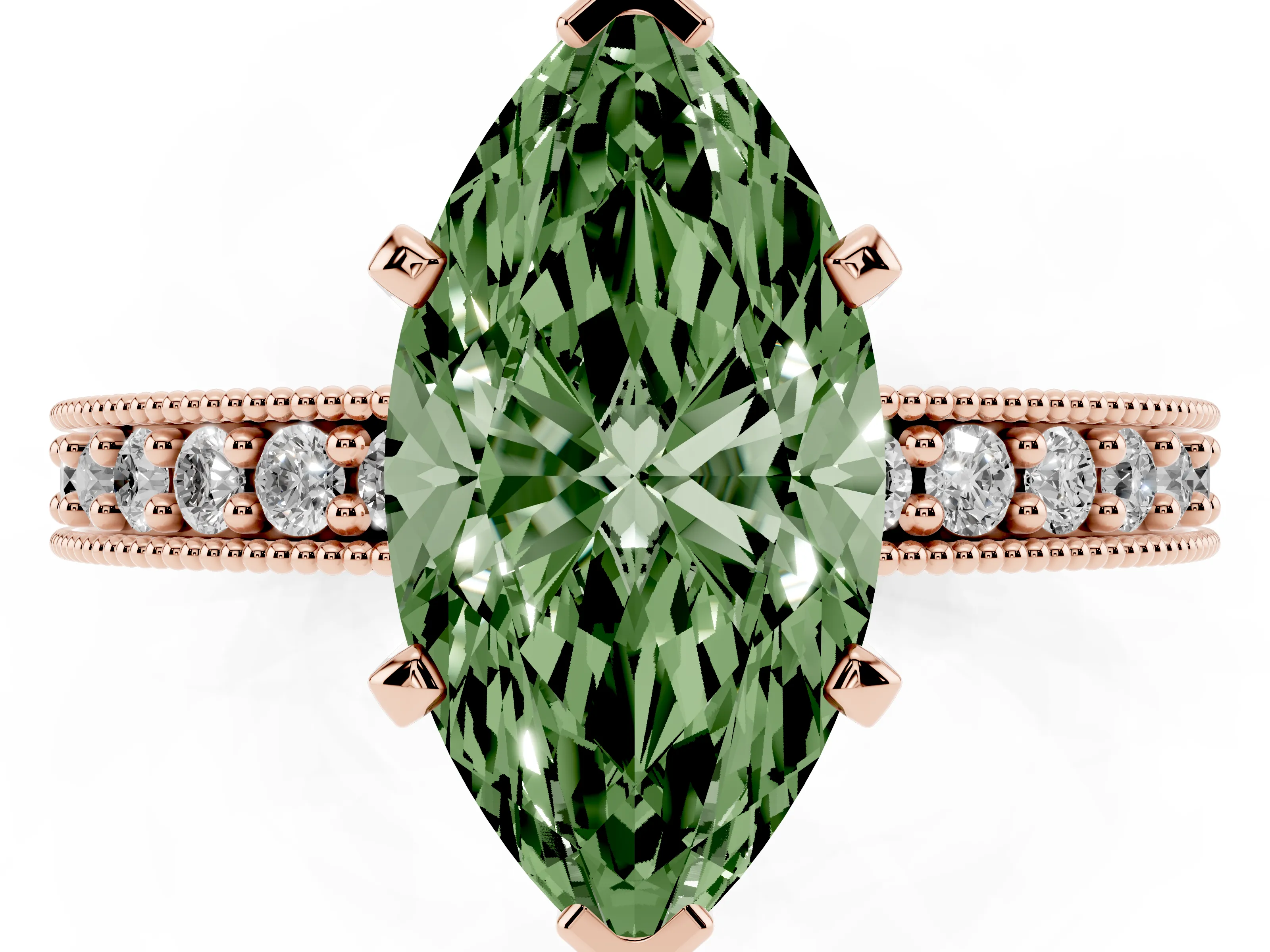 Fancy Green Marquise Cut Diamond Milgrain Pavé Engagement Ring Set in Rose gold with Prong Setting