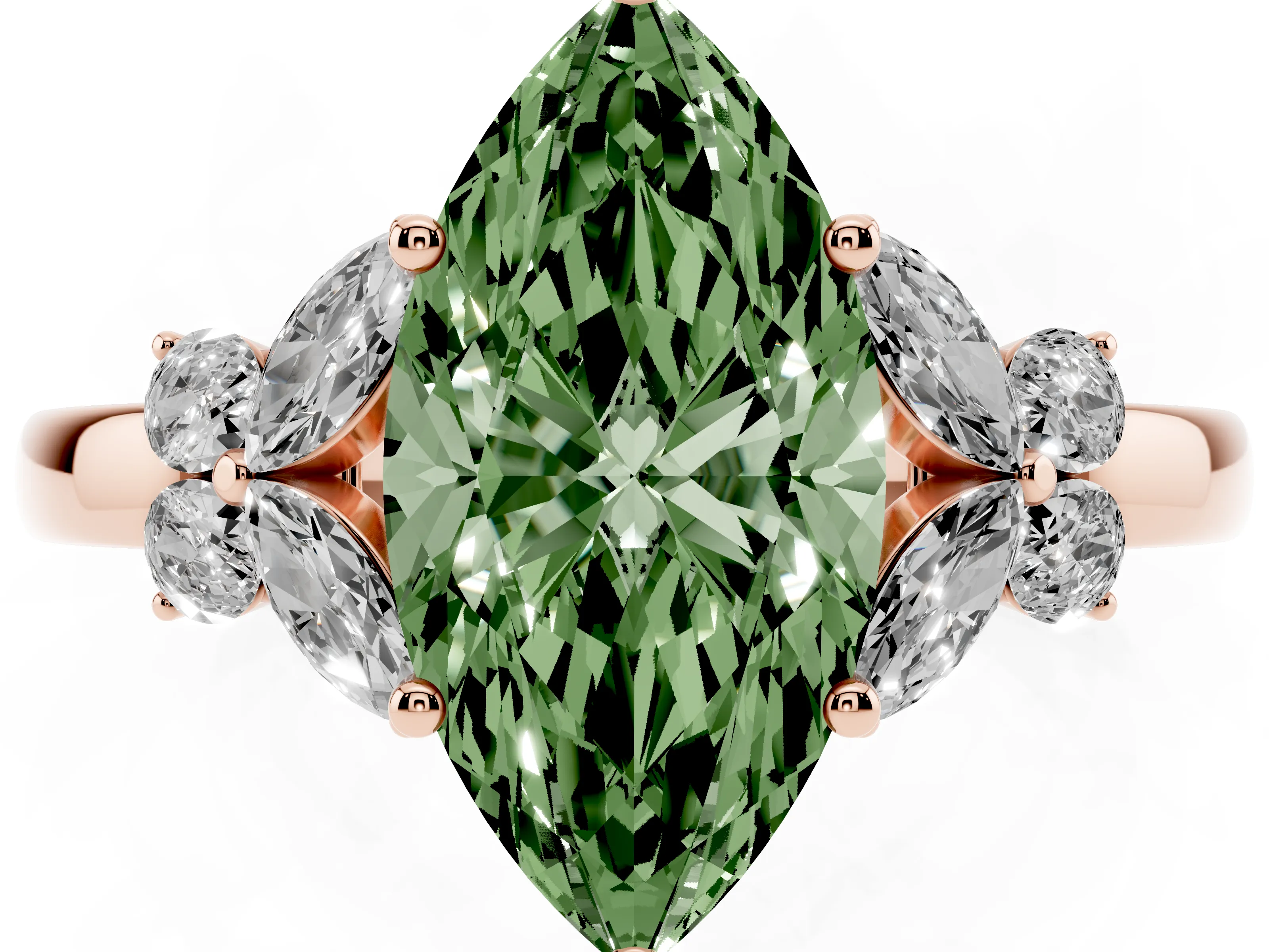 Fancy Green Marquise Cut Diamond Solitaire Floral Ring Set in Rose gold with Marquise Petals and Prong Setting
