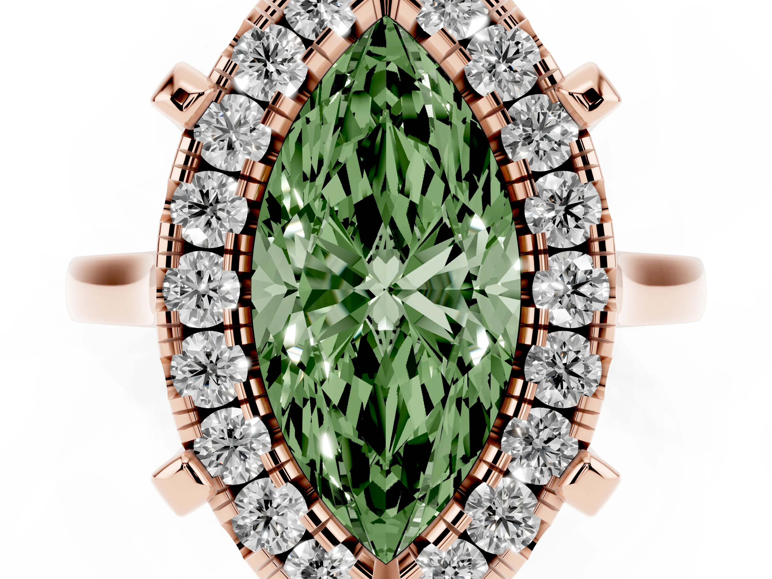 Fancy Green Marquise Cut Diamond Cluster Halo Solitaire Ring Set in Rose gold with Prong Setting