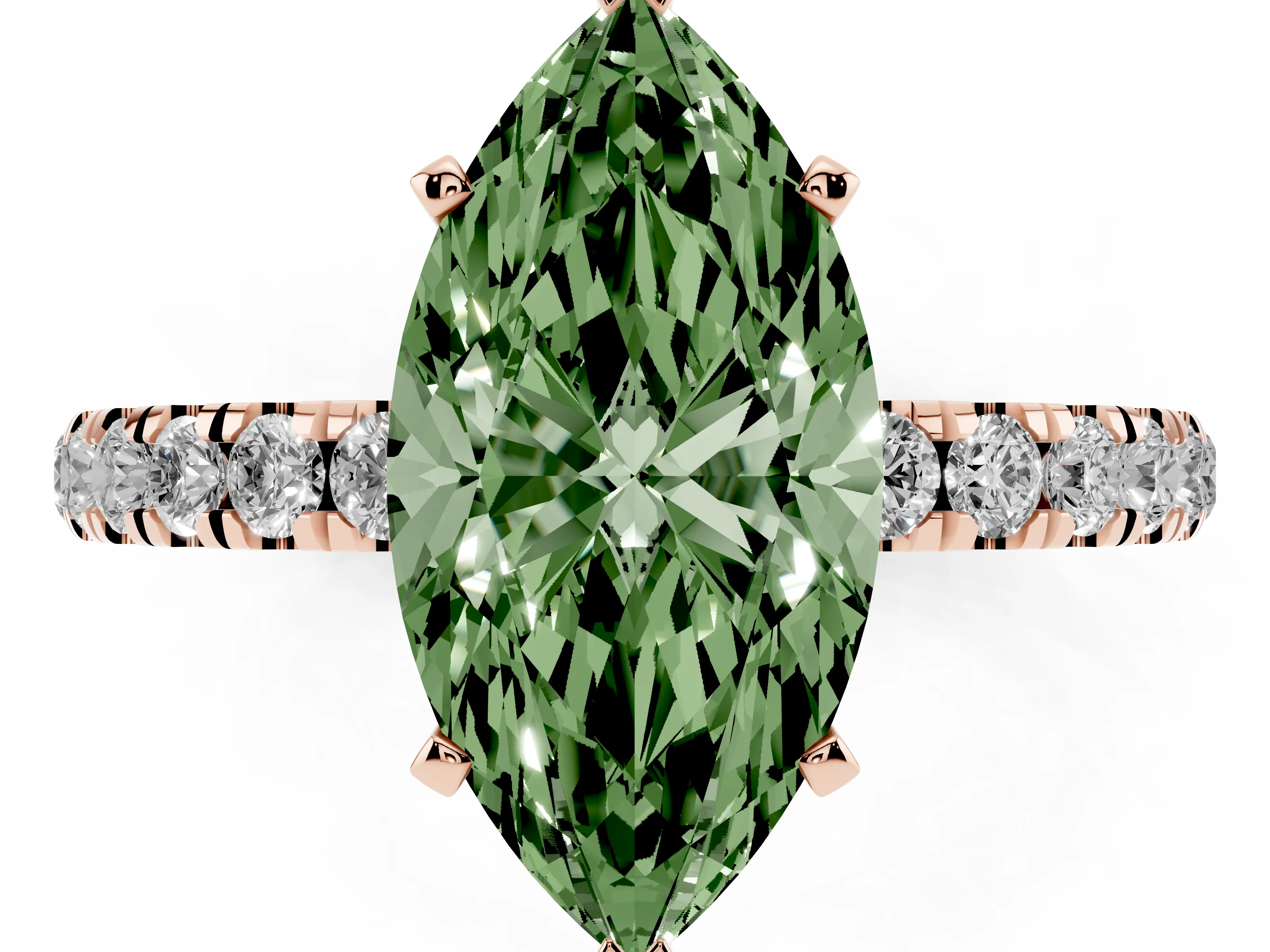 Fancy Green Marquise Cut Diamond Solitaire Ring Set in Rose gold with Pavé Accents and Prong Setting