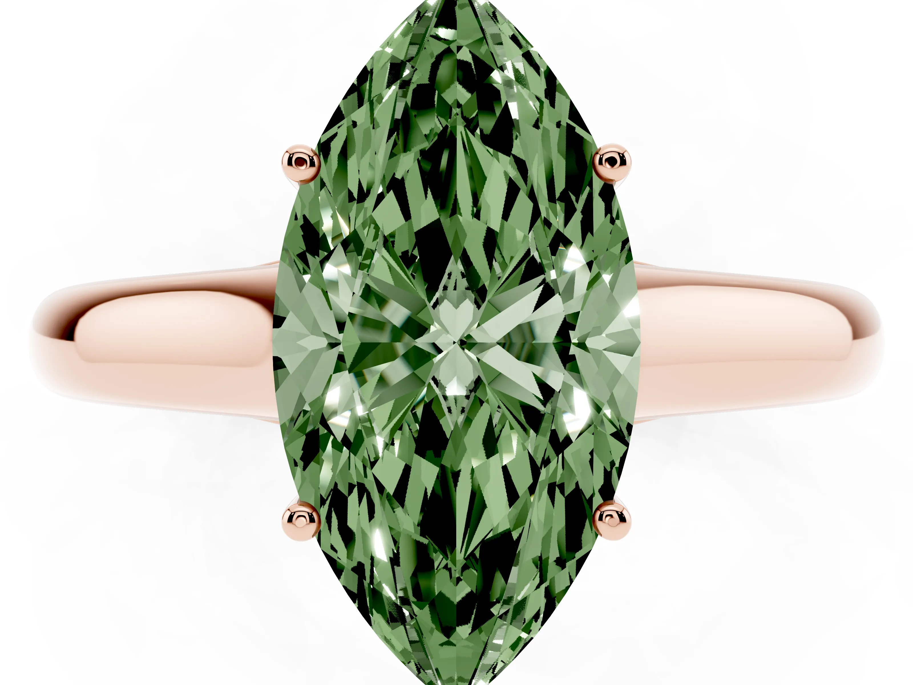 Fancy Green Marquise Cut Diamond Solitaire Engagement Ring Set in Rose gold with Subtly Tapered Band and Prong Setting