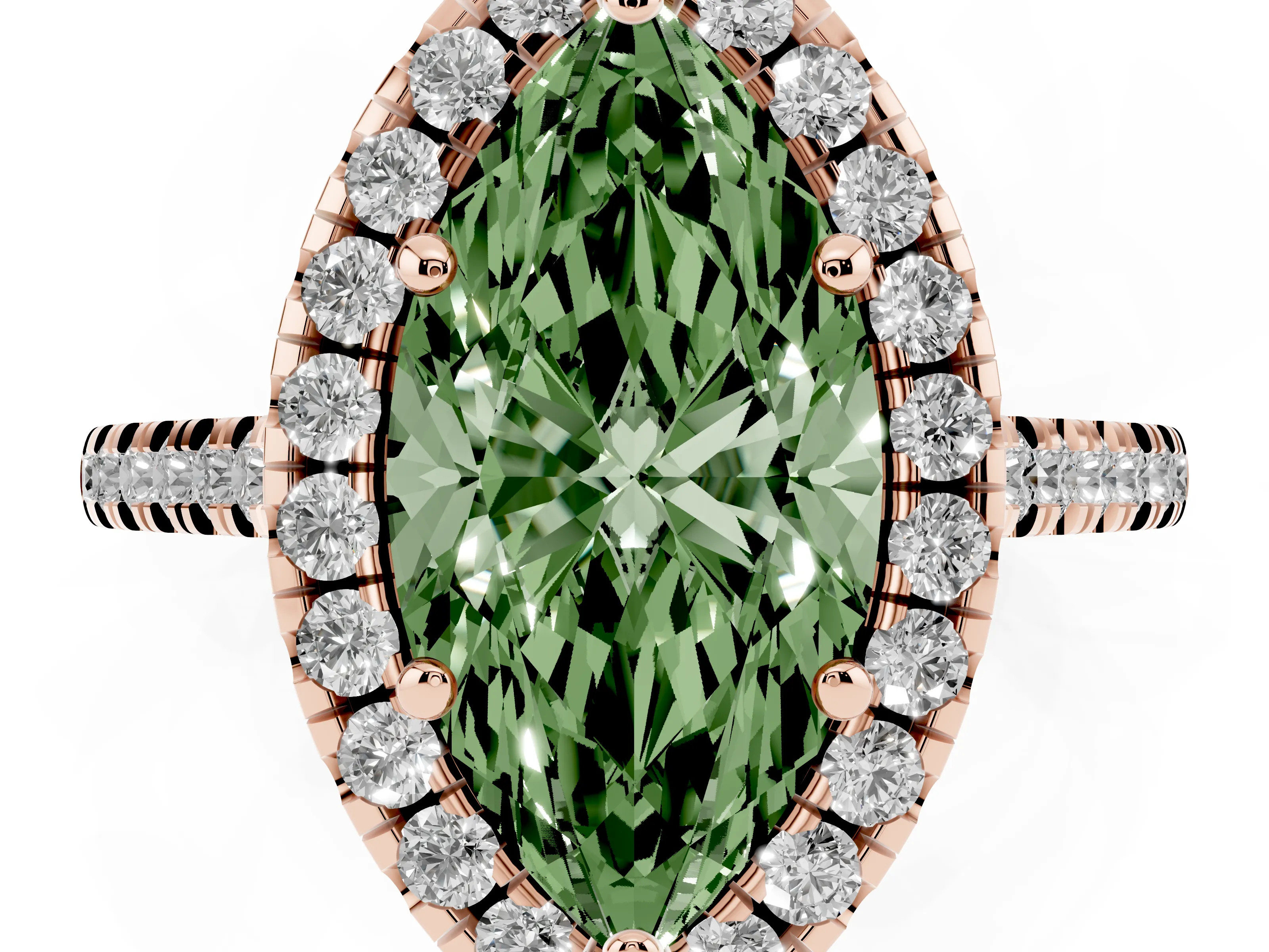 Fancy Green Marquise Cut Diamond Cushion Halo Ring Set in Rose gold with Pavé Band