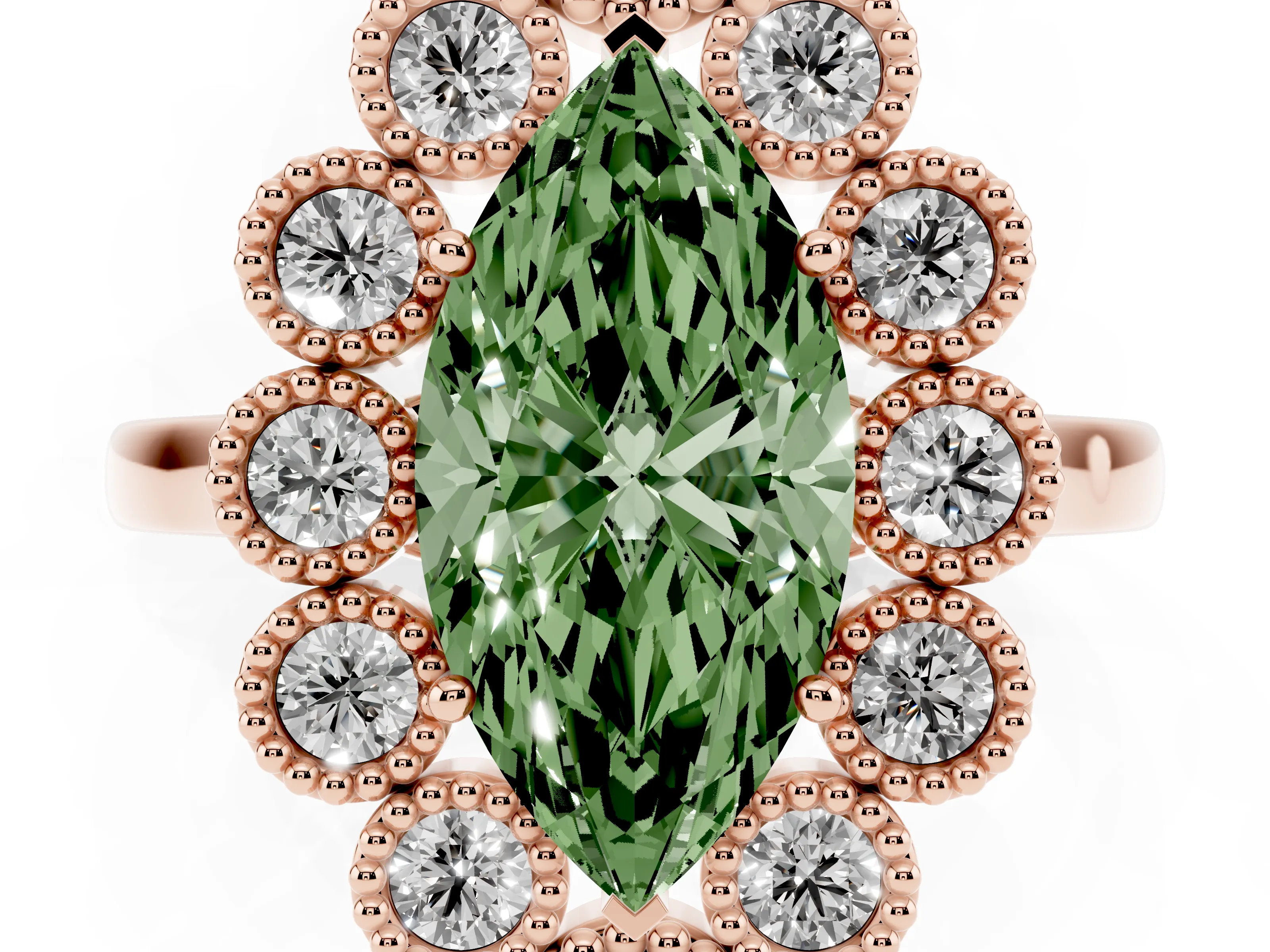 Fancy Green Marquise Cut Diamond Cluster Halo Ring Set in Rose gold with Milgrain Bezel Accents and Plain Band